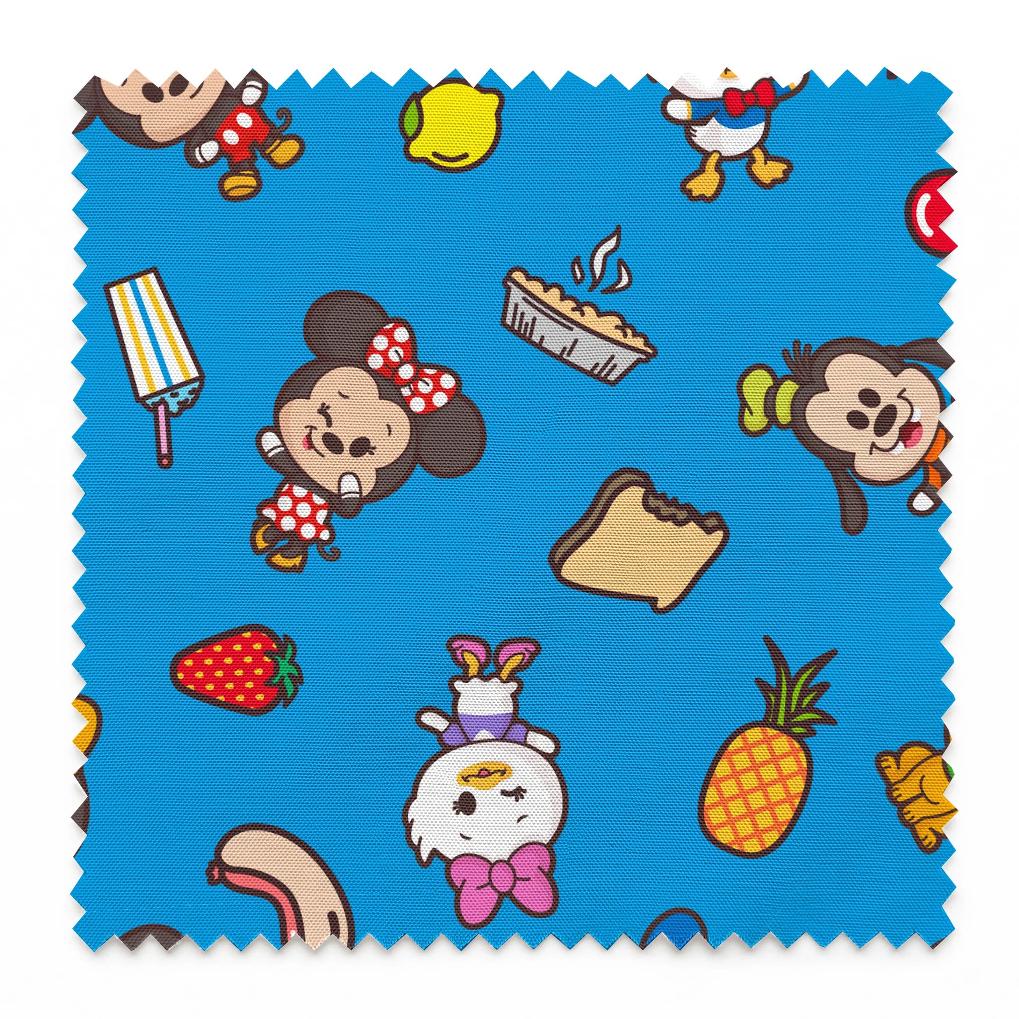 Mickey, friends, and food items pattern on blue background, featuring Mickey, Minnie, Donald, and fruit icons springs swatch pinked