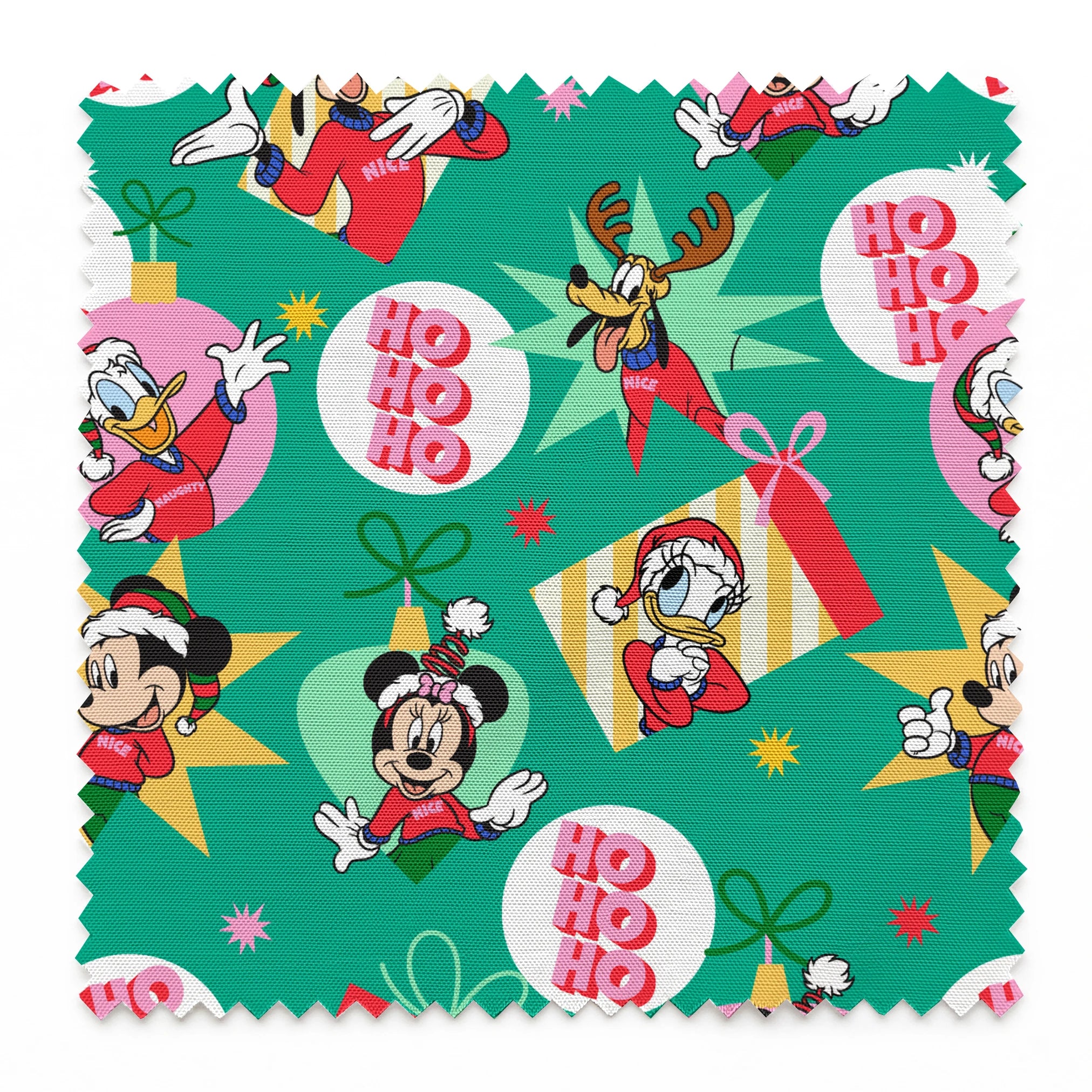 Festive Disney characters on green holiday pattern with "Ho Ho Ho" text and Christmas ornaments springs swatch pinked