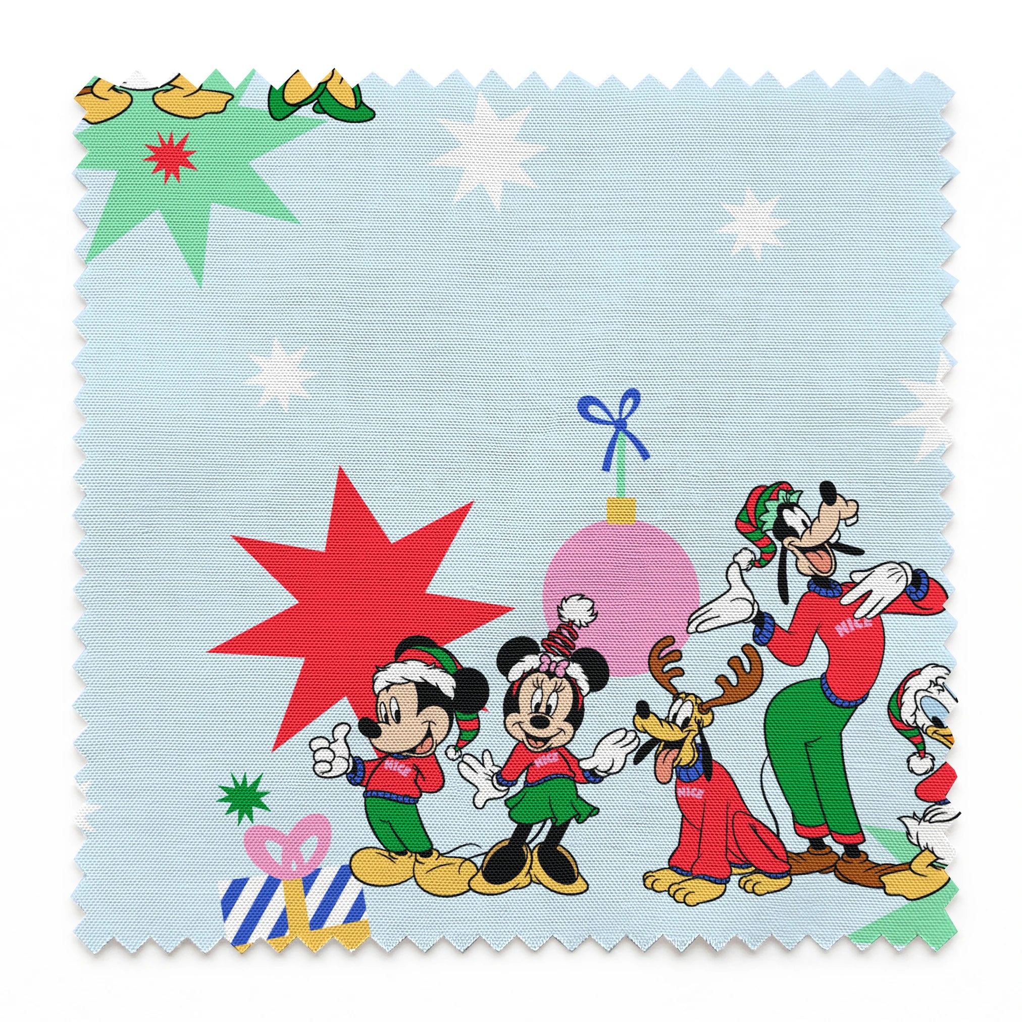 Cartoon Disney characters in festive poses with Christmas trees, ornaments, and stars on light blue snowy background springs swatch pinked