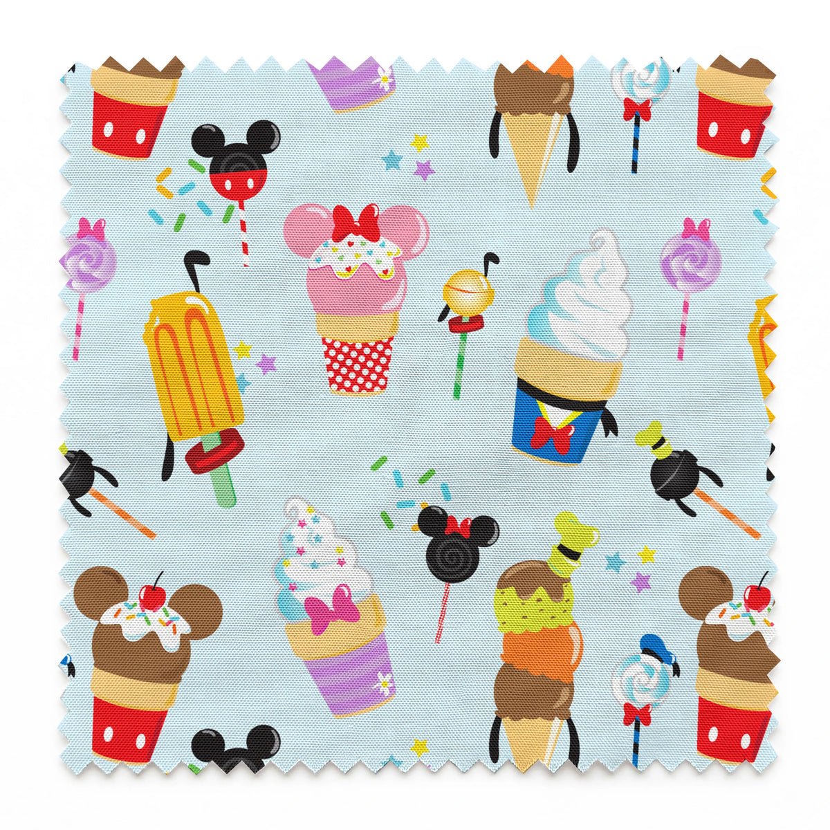 Disney-themed ice cream and sweet treats pattern with Mickey and Minnie icons on light blue background springs swatch pinked