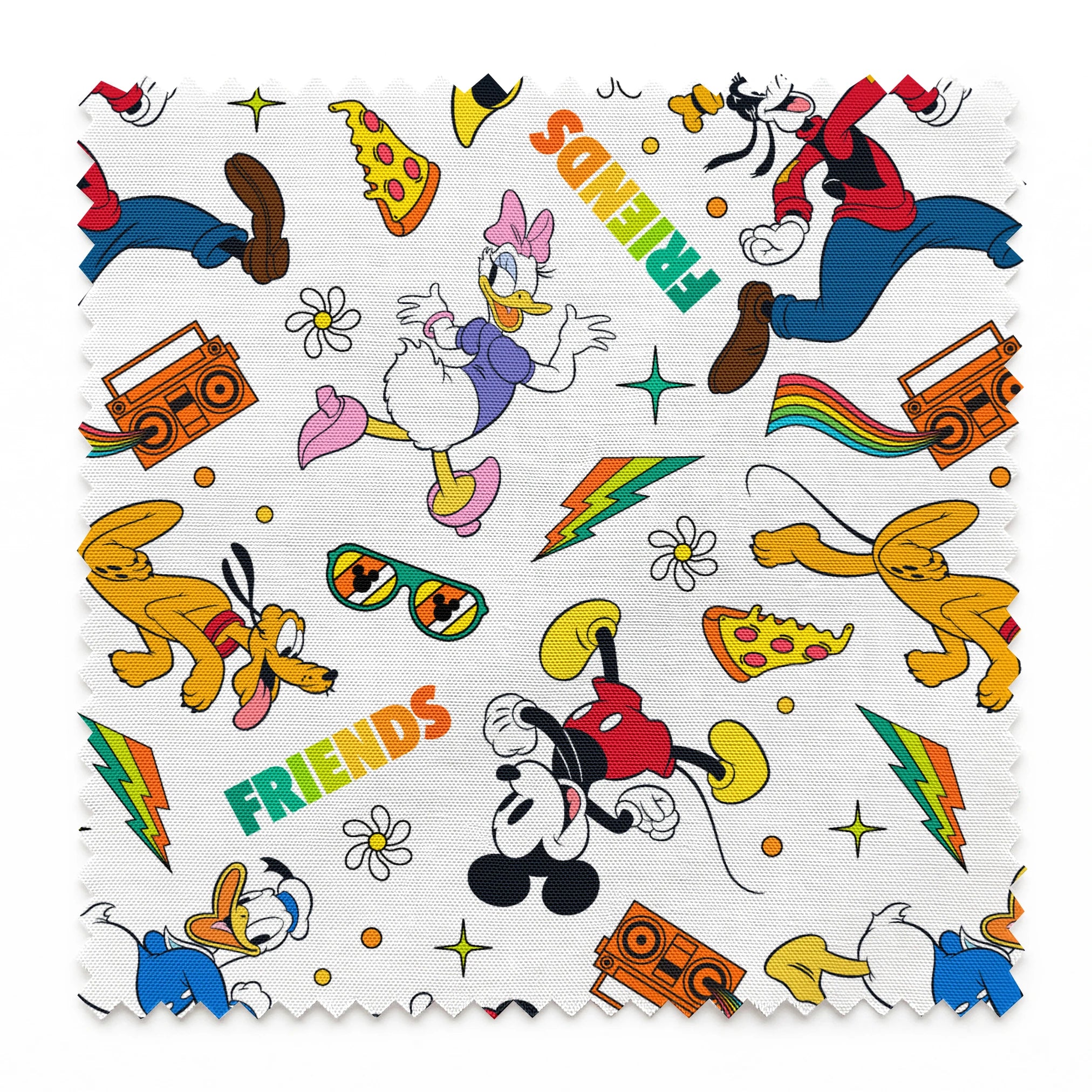 Cartoon pattern featuring classic Disney characters with radios, rainbows, sunglasses and "FRIENDS" text on white background. springs swatch pinked