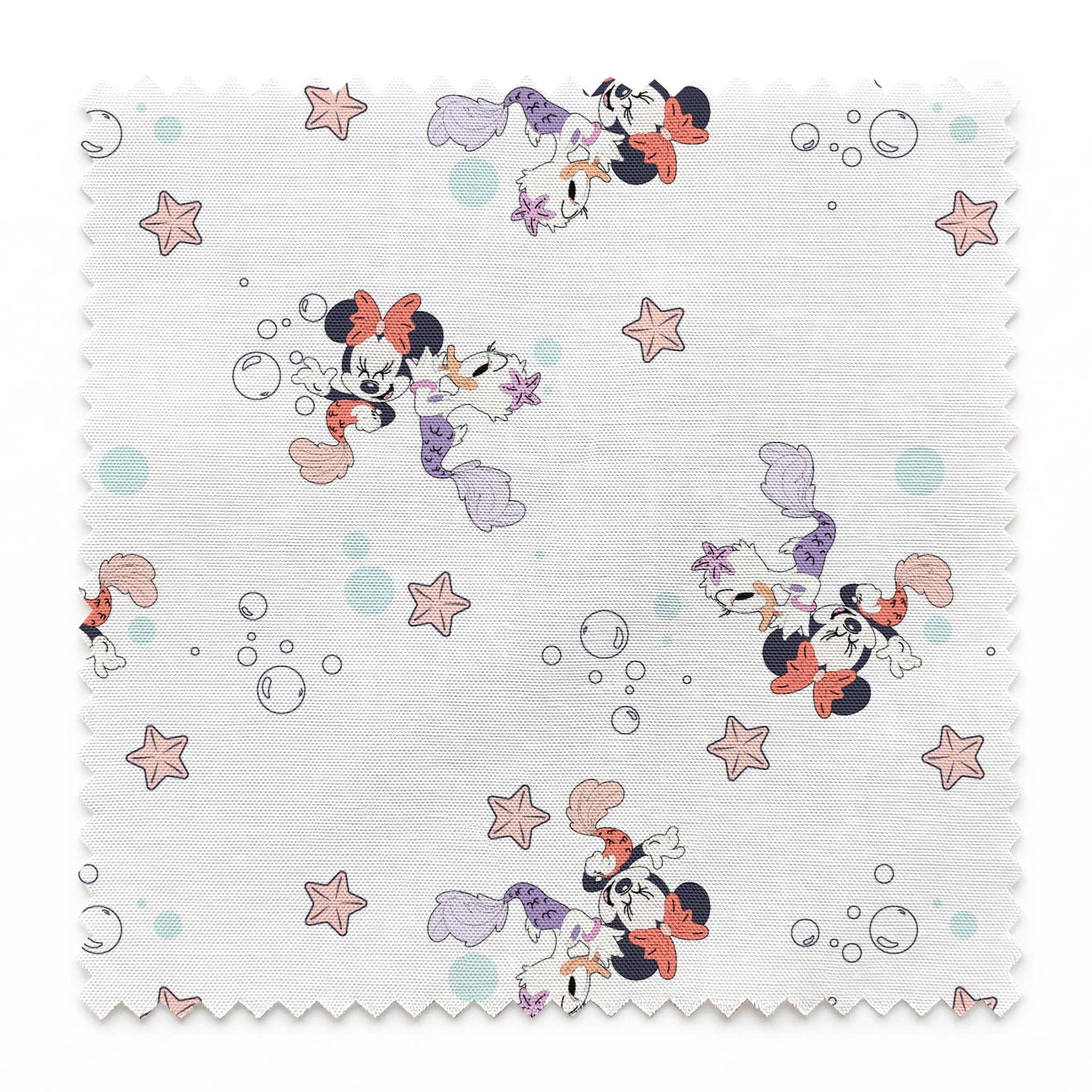 Minnie Mouse pattern with pastel stars and bubbles on white background, playful cartoon style springs swatch pinked