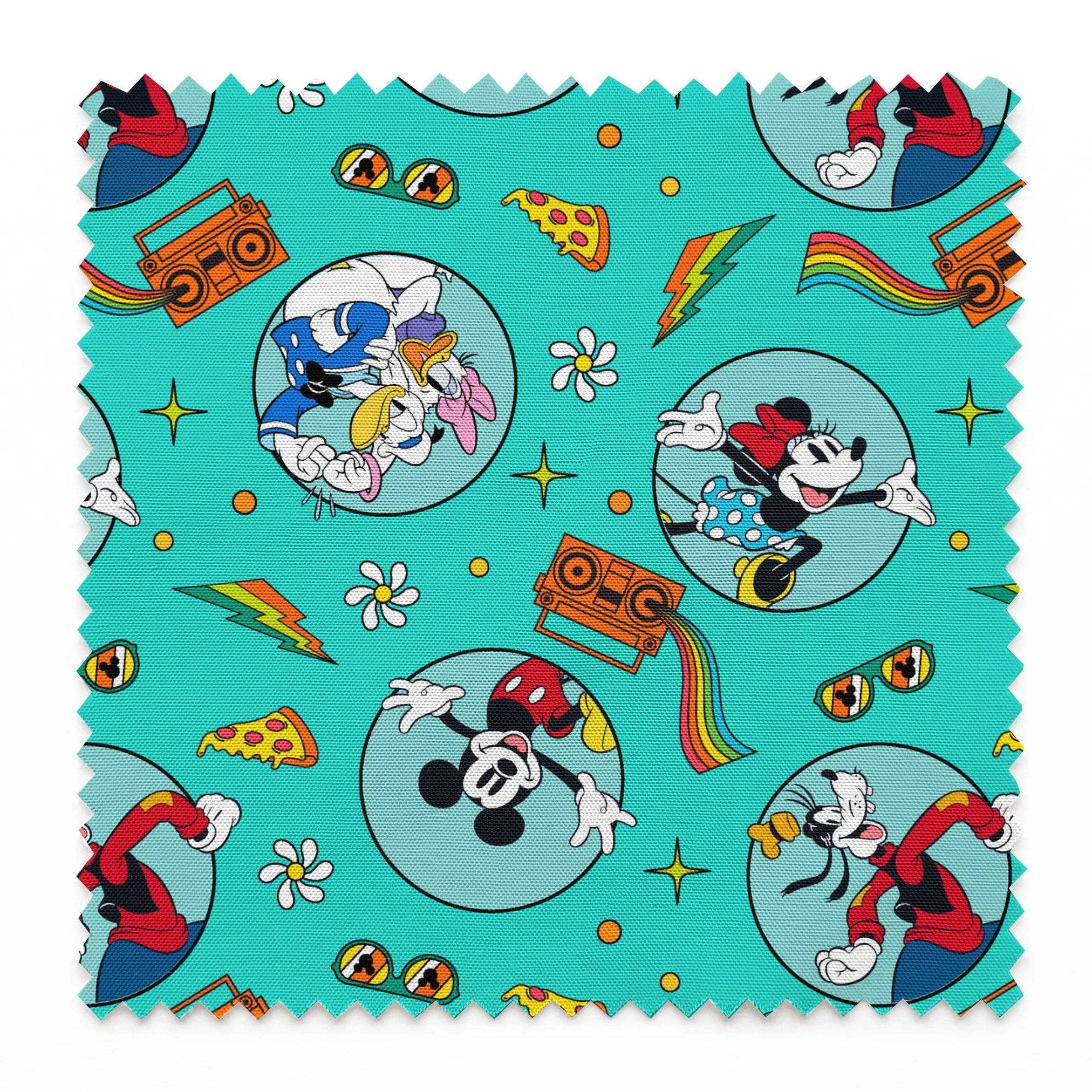 Colorful Mickey Mouse and friends pattern with pizza, boomboxes, sunglasses on teal background springs swatch pinked