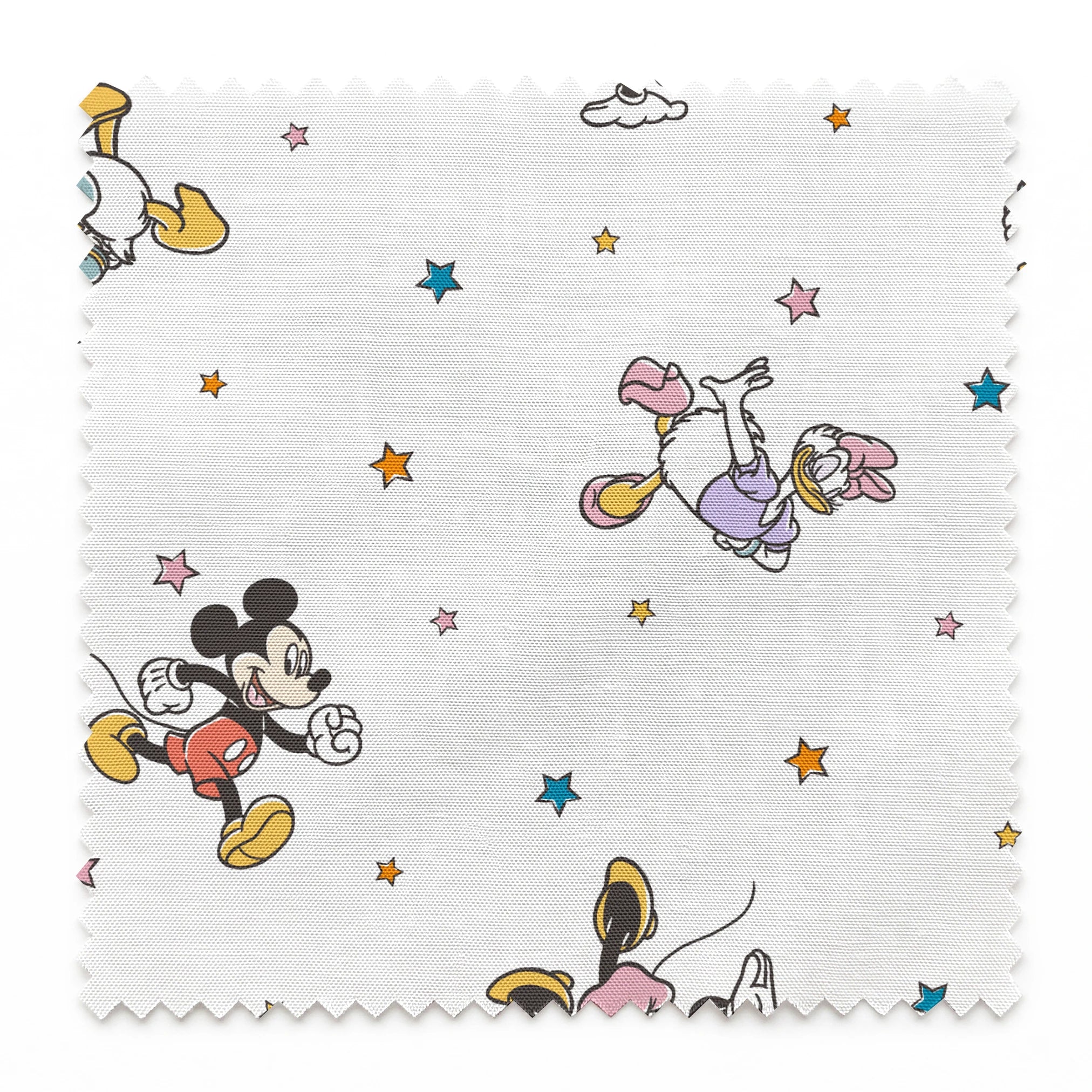 Disney characters pattern with Mickey Mouse and unicorns on white background with colorful stars springs swatch pinked