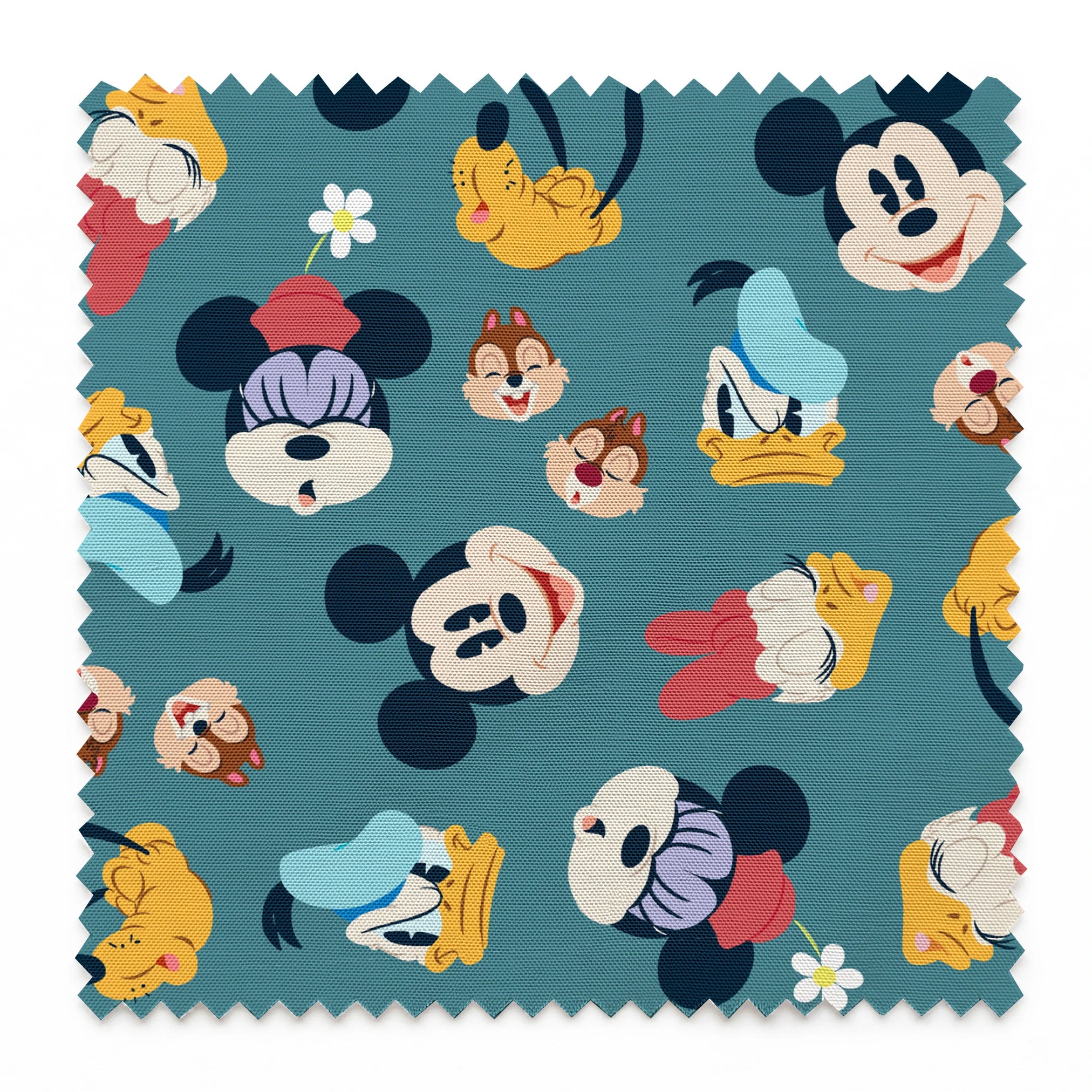 Disney cartoon characters pattern with Mickey Mouse, Donald Duck, and Pluto on teal background with small flowers springs swatch pinked