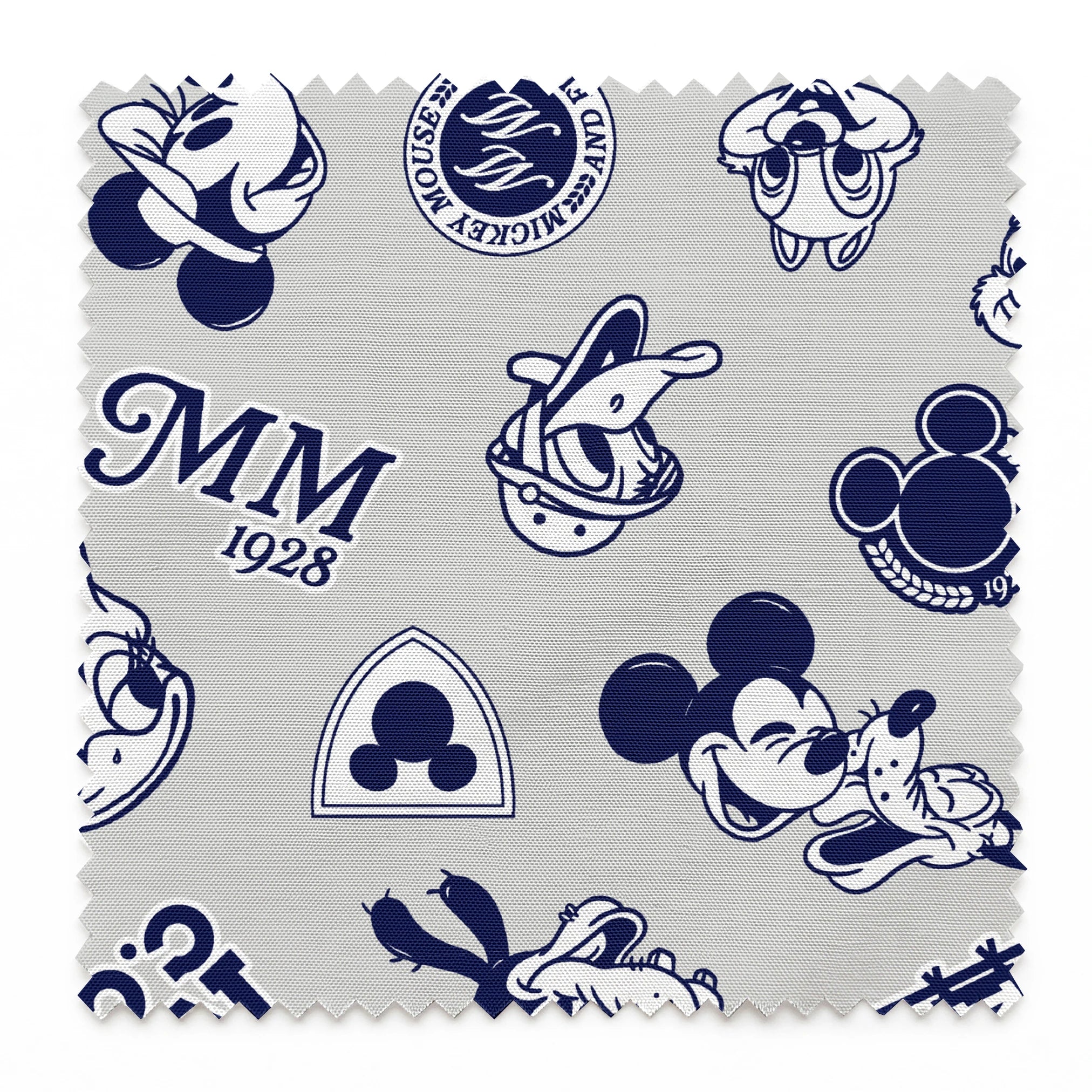 Disney character pattern with Mickey Mouse, Donald Duck and other classic cartoon figures in navy blue on light background. springs swatch pinked