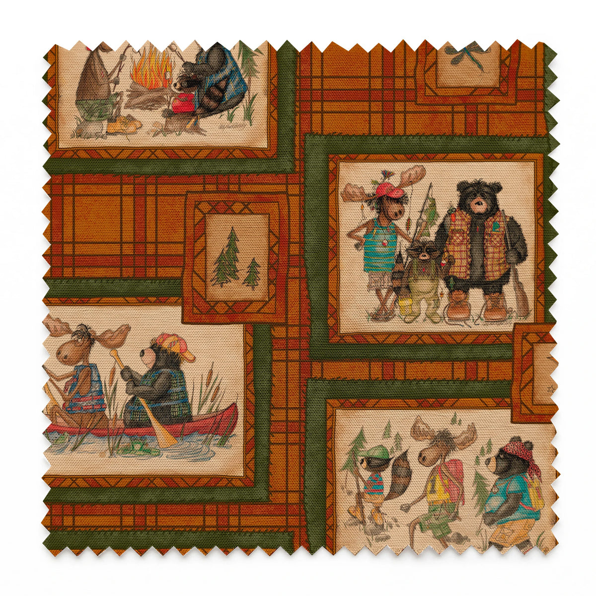 Vintage-style patchwork pattern with framed scenes of people and animals on orange plaid background springs swatch pinked
