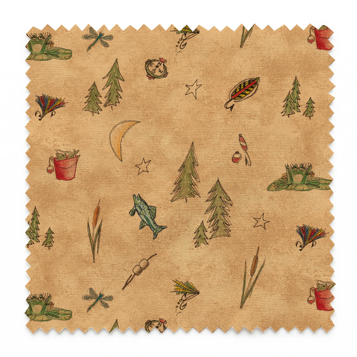 Outdoor camping pattern with tents, trees, lanterns, and nature elements on beige background springs swatch pinked
