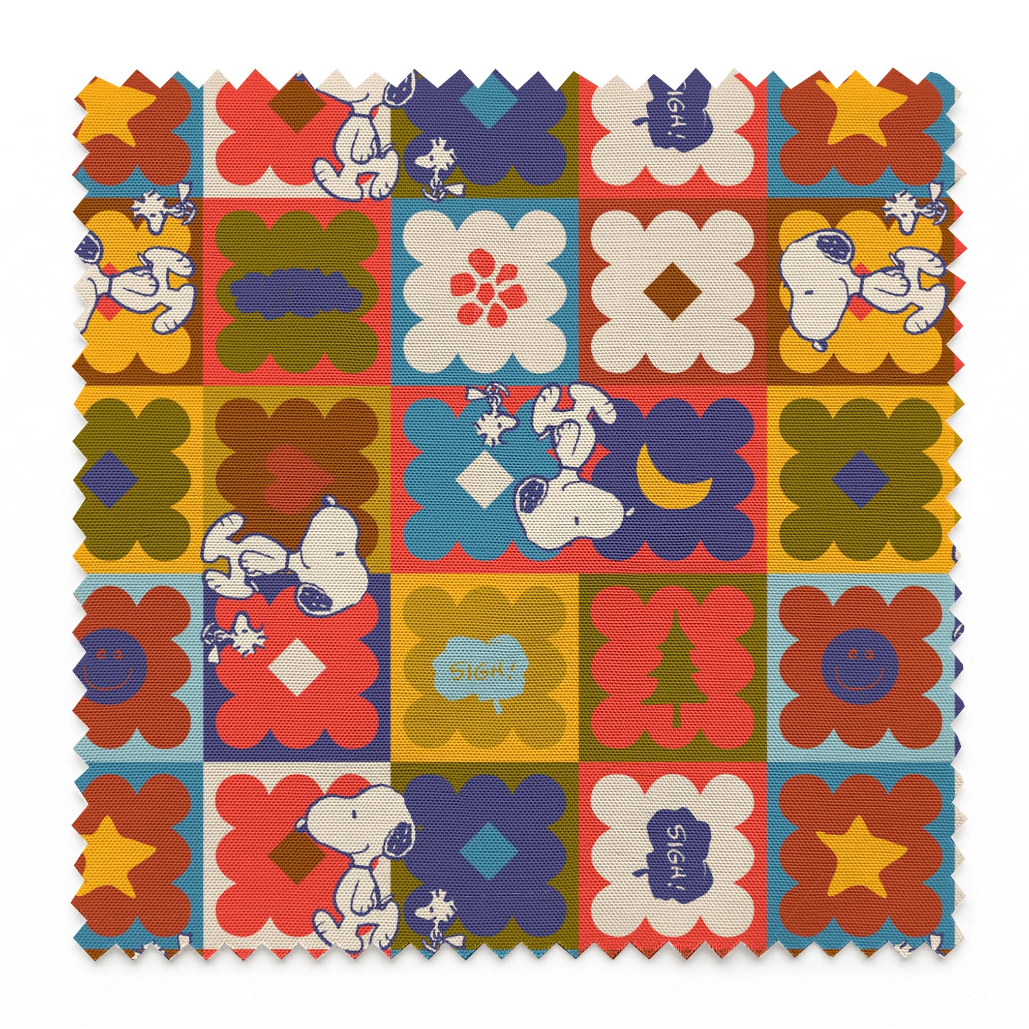 Colorful patchwork pattern featuring Snoopy characters in various squares with flowers, geometric shapes, and decorative elements springs swatch pinked