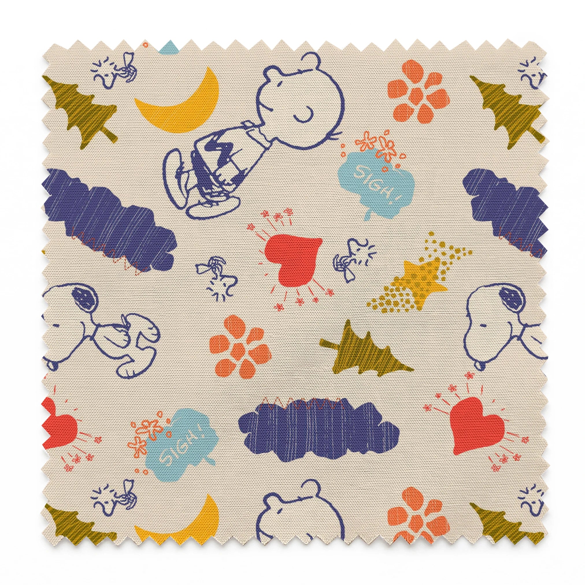 Whimsical Peanuts pattern with trees, clouds, moon, and birds in blue, red, green, and yellow on cream background. springs swatch pinked