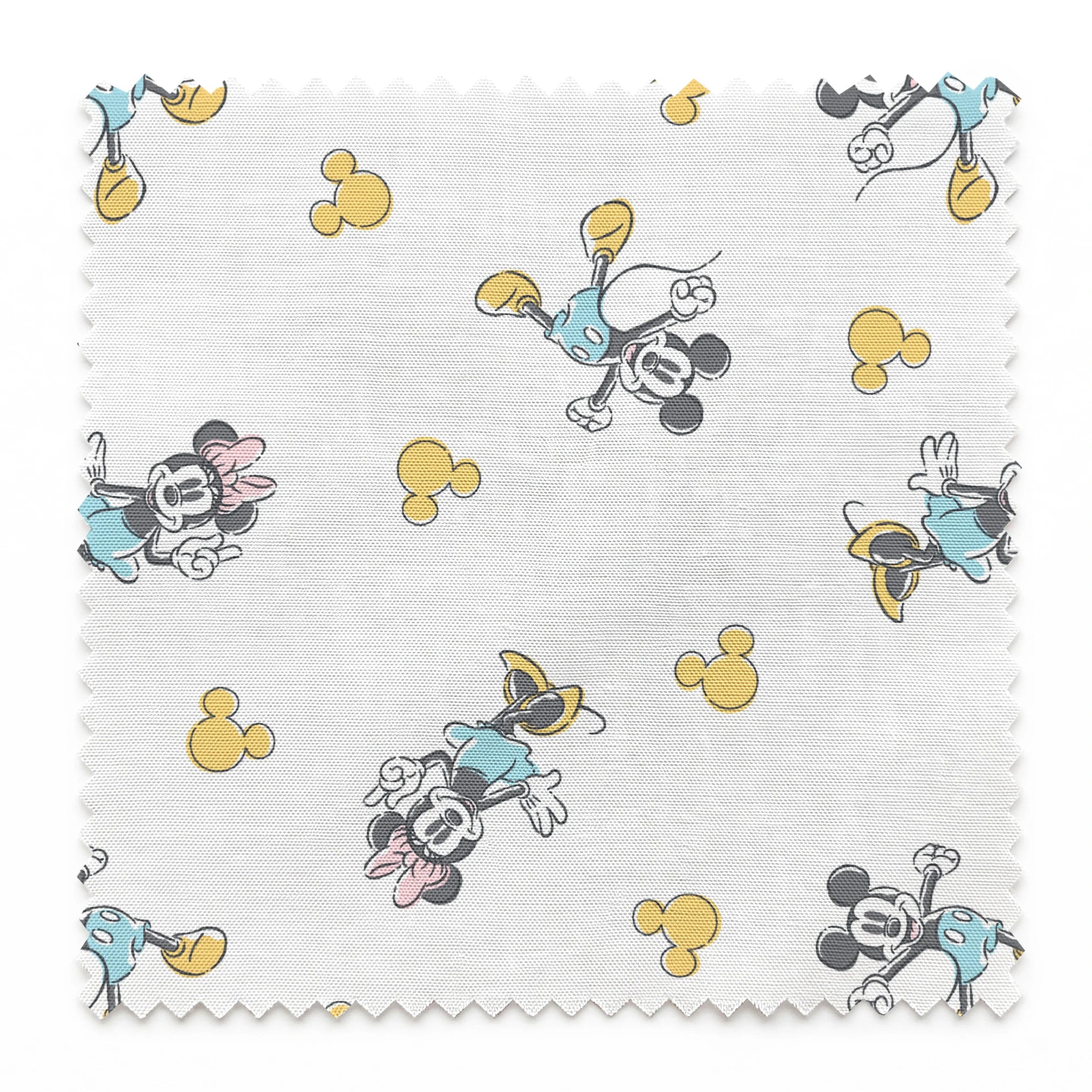 Mickey Mouse characters in light blue outfits scattered on white background with yellow Mickey silhouettes springs swatch pinked