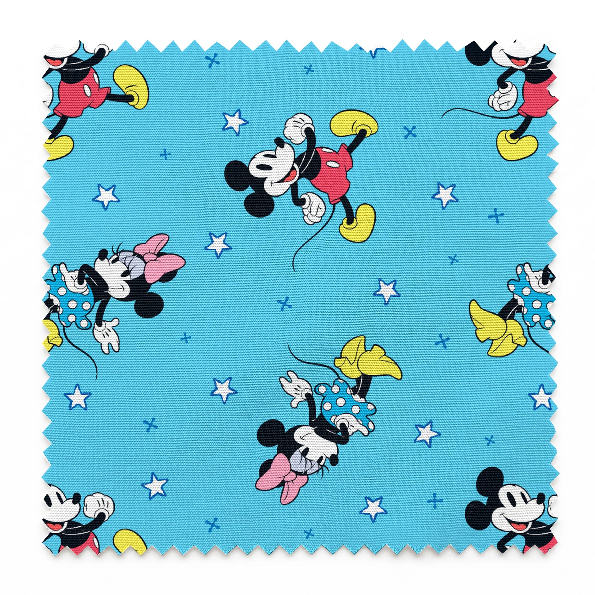 Disney Mickey Mouse and Minnie Mouse characters on light blue background with white stars, pattern design springs swatch pinked