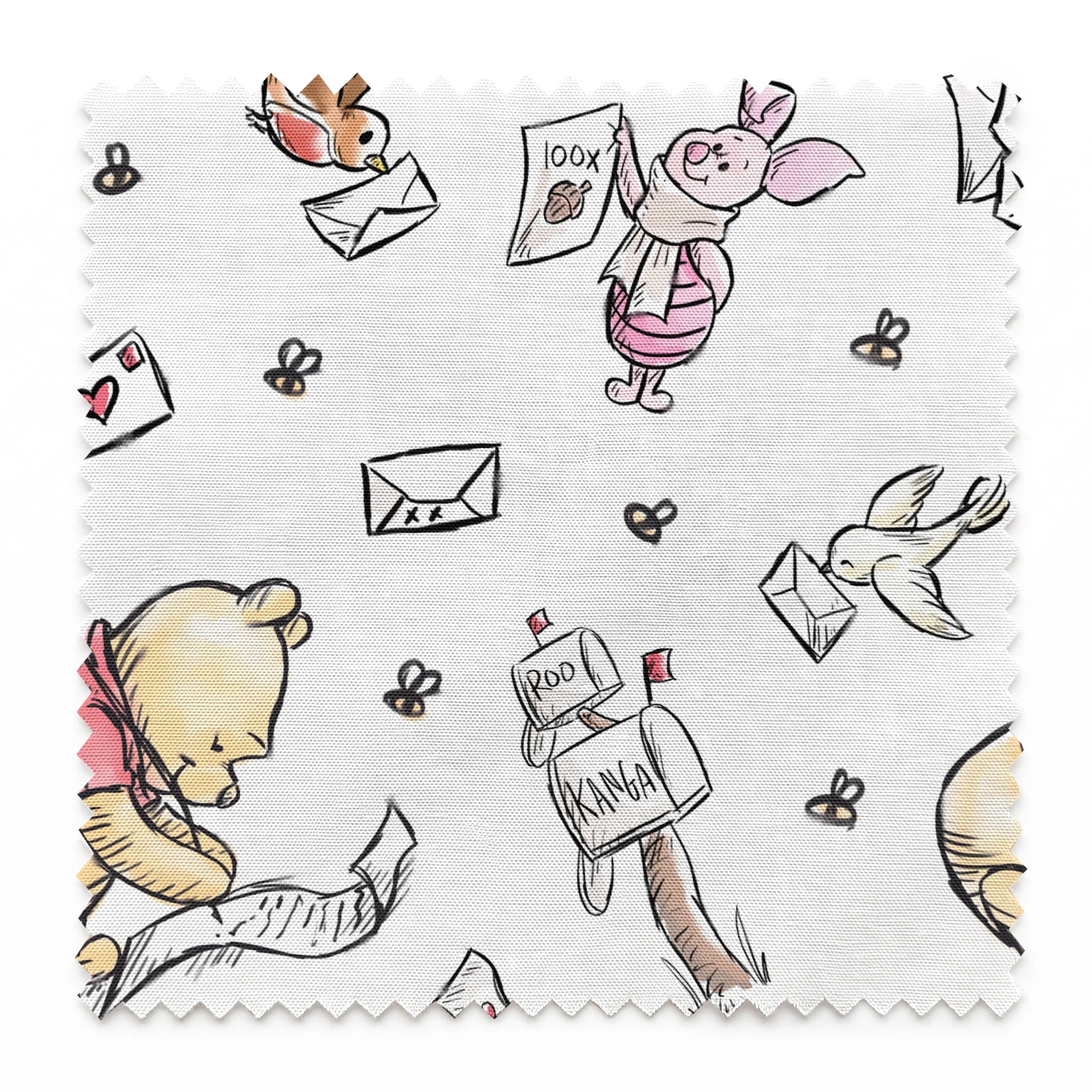 Winnie the Pooh characters with flying letters and envelopes on white background, whimsical illustration style springs swatch pinked