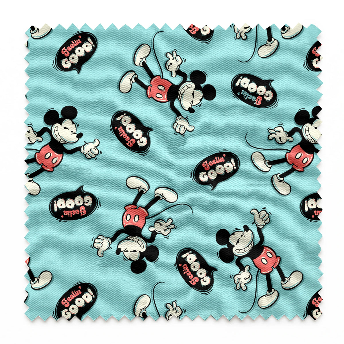 Mickey Mouse pattern on teal background with cartoon characters and "Gosh!" speech bubbles springs swatch pinked
