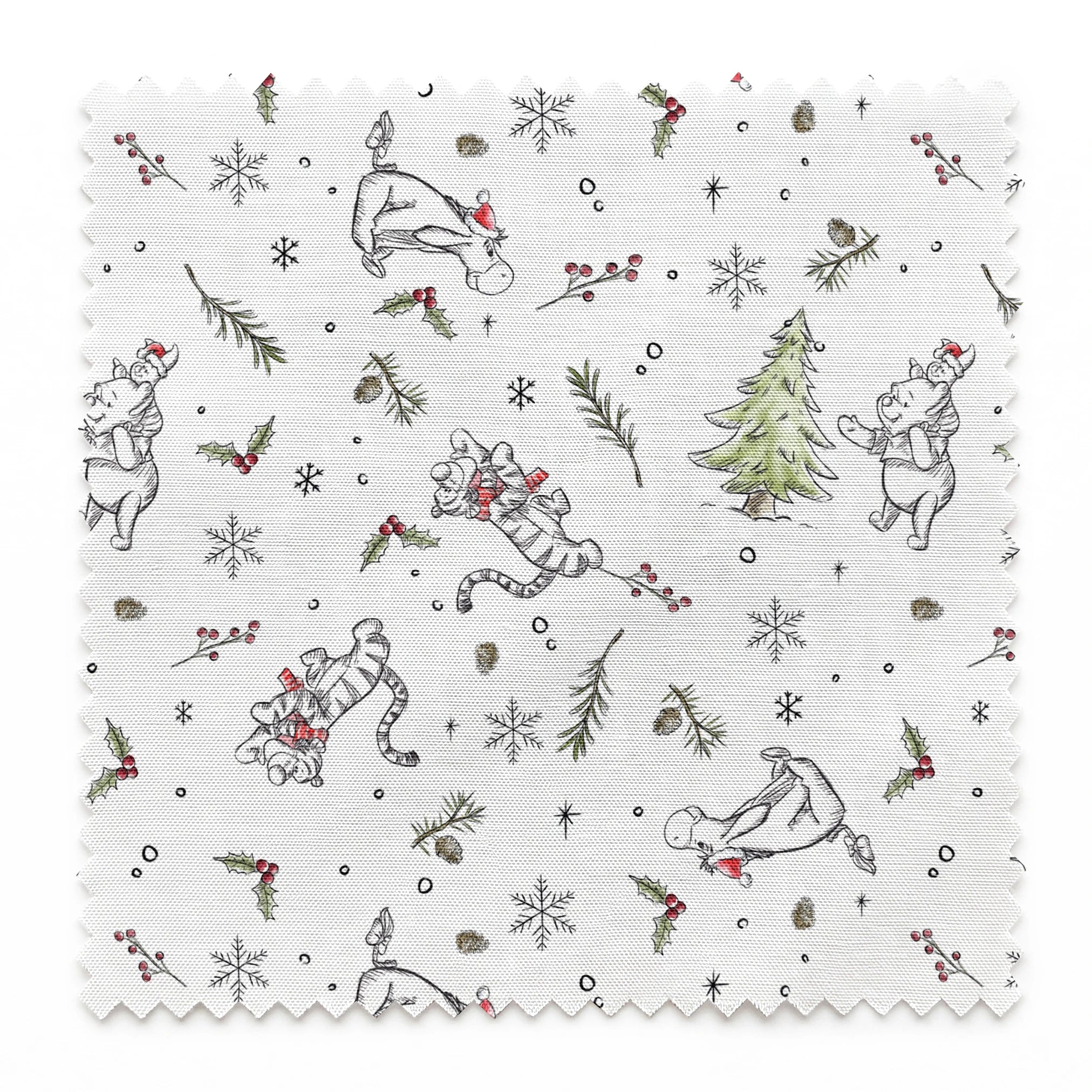 Delicate white winter pattern with cartoon mice, pine trees, holly berries, and snowflakes springs swatch pinked
