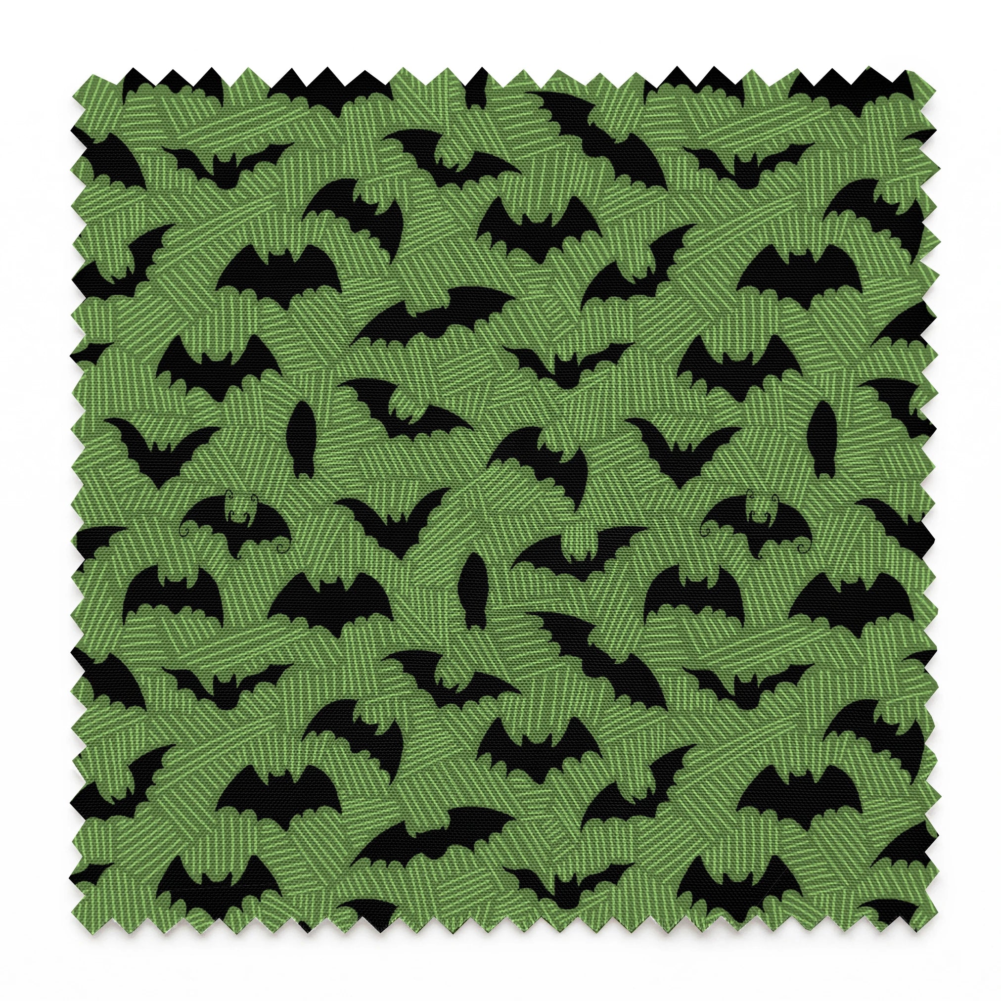 Black bat silhouettes scattered across a green textured background with zigzag pattern springs swatch pinked