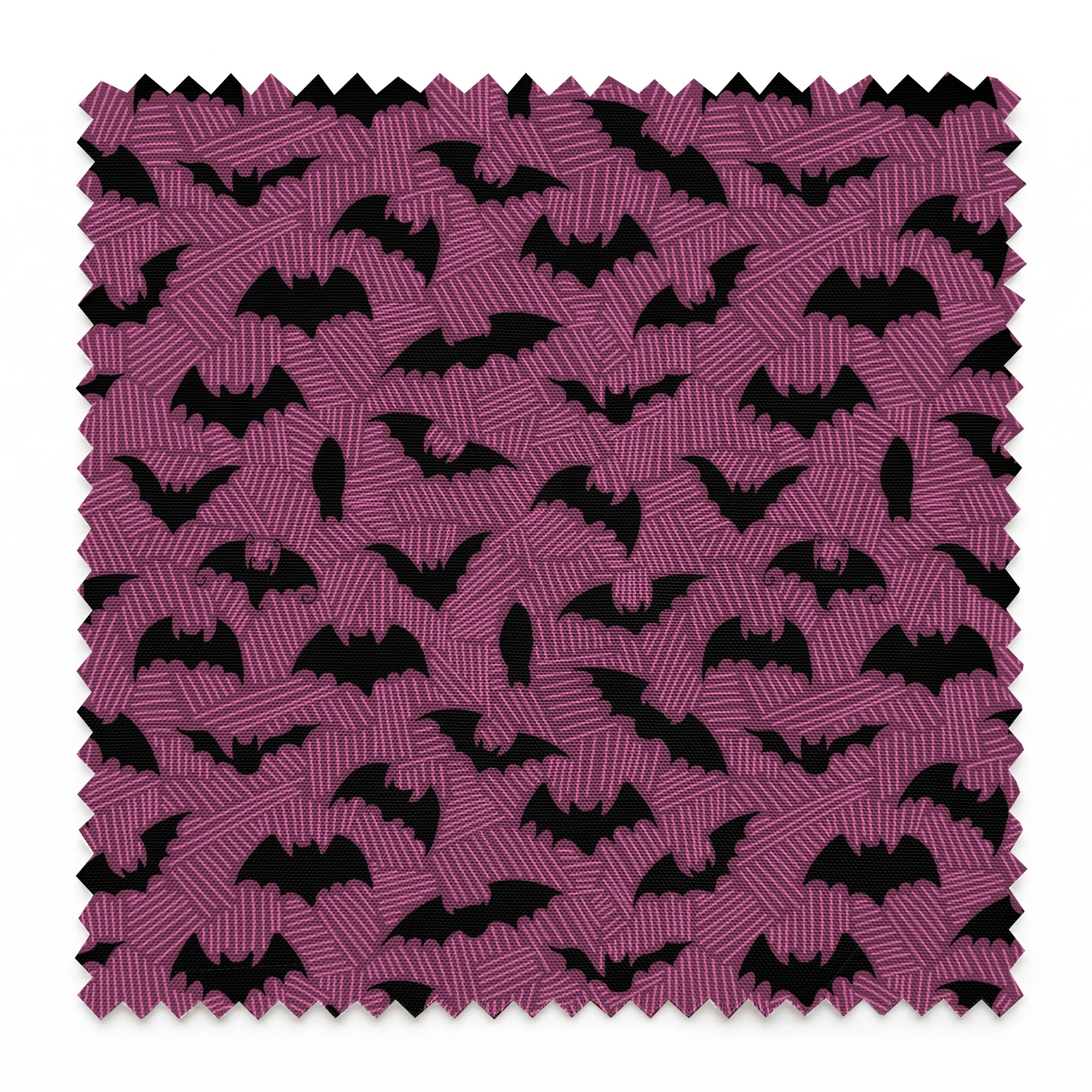 Black bat silhouettes scattered across a purple background with swirling line pattern springs swatch pinked