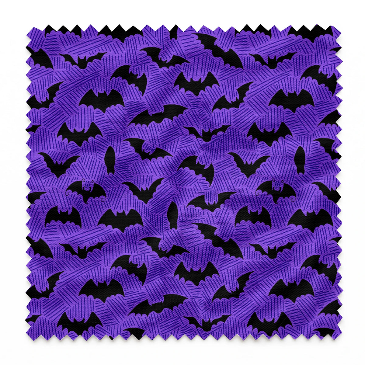 Black bat silhouettes scattered over purple zigzag background, Halloween-themed pattern springs swatch pinked