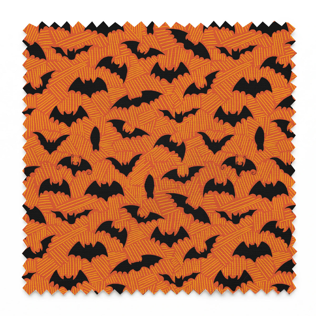 Halloween pattern with black bats scattered across an orange textured background springs swatch pinked