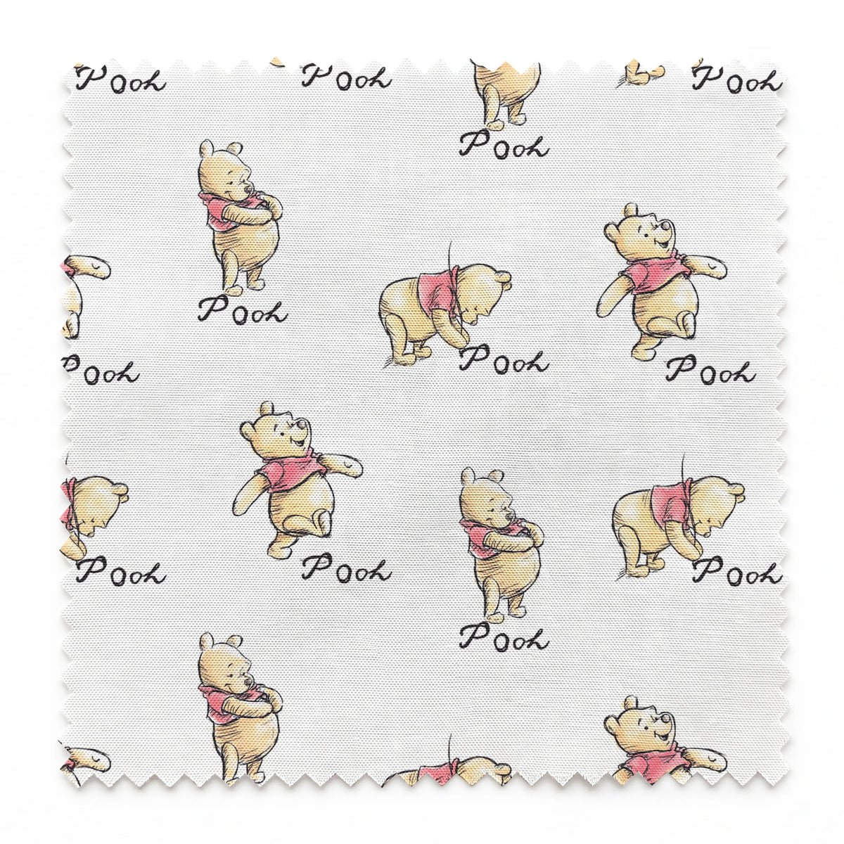 Winnie the Pooh pattern featuring cute yellow bears with red shirts in various poses, labeled "Pooh springs swatch pinked
