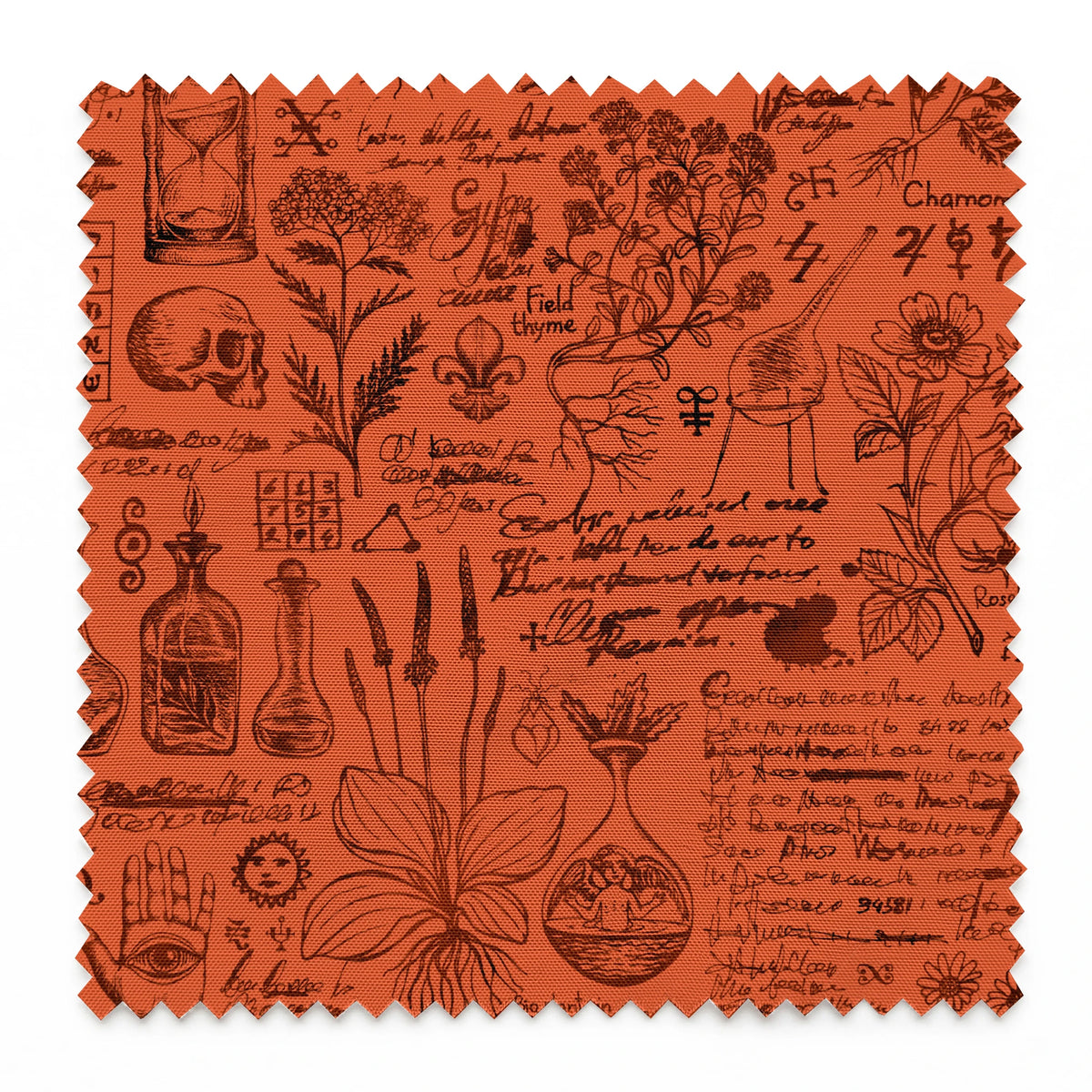 Red-orange Halloween background with vintage alchemical drawings, botanical sketches, symbols, handwritten notes, and mystical elements arranged like an ancient manuscript page. springs swatch pinked