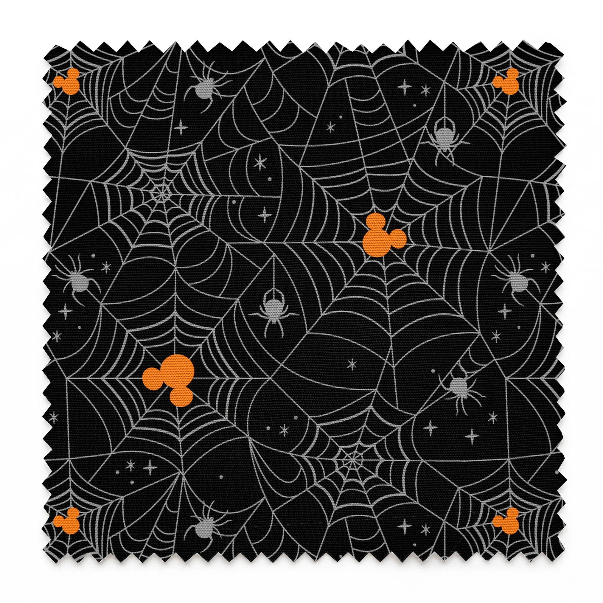 Spooky Halloween pattern with white spiderwebs, orange Mickey Mouse heads, and gray spiders on black background springs swatch pinked