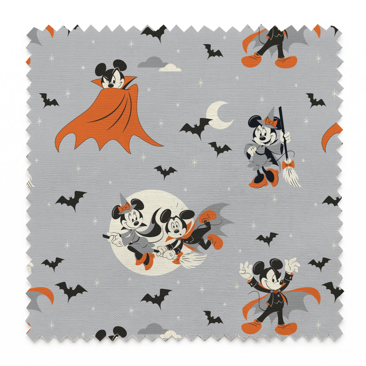 Mickey and Minnie Mouse in Halloween costumes on gray background with bats and moons, orange capes and spooky theme. springs swatch pinked