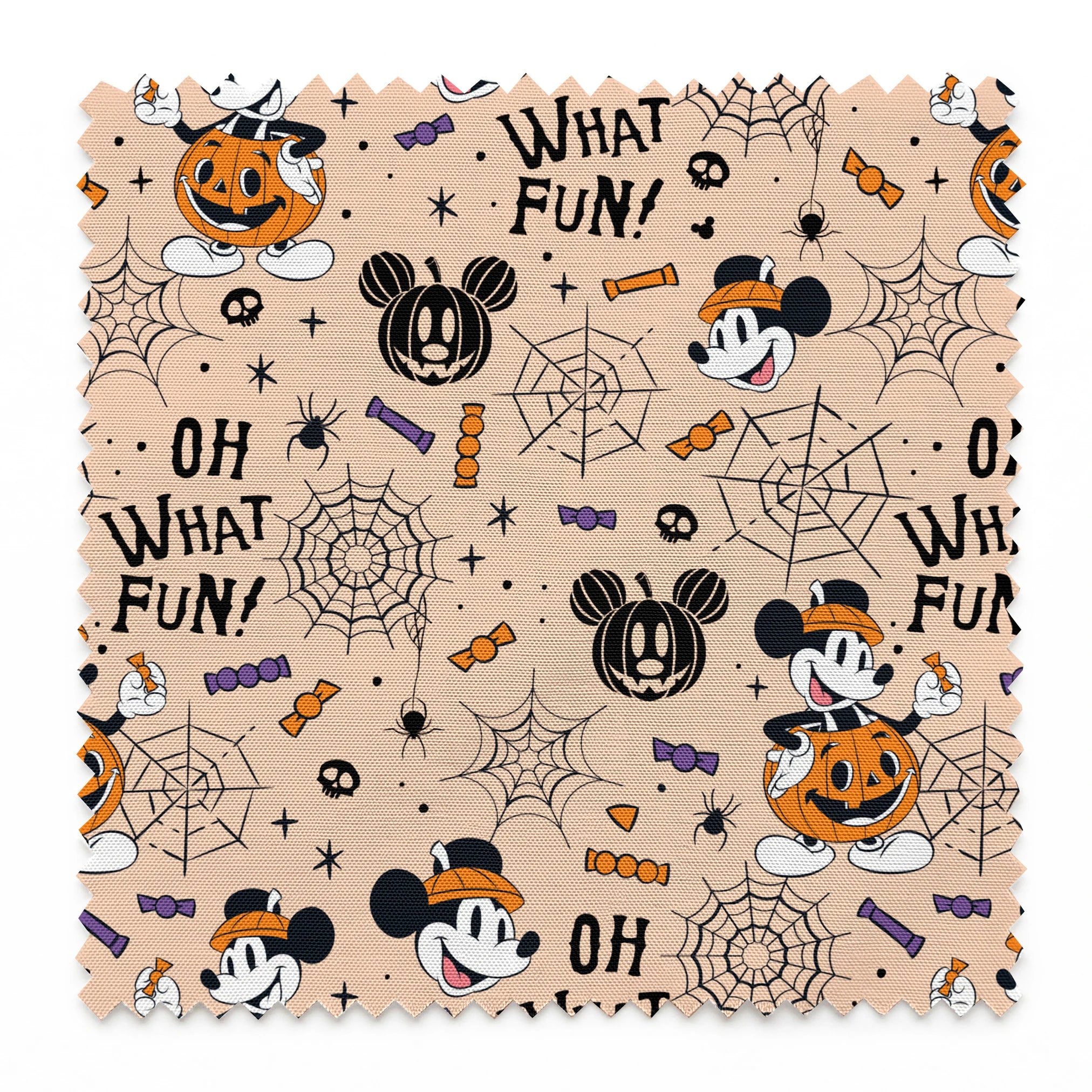 Halloween Mickey Mouse pattern with "OH WHAT FUN!" text, pumpkins, spiderwebs, and candy on beige background springs swatch pinked