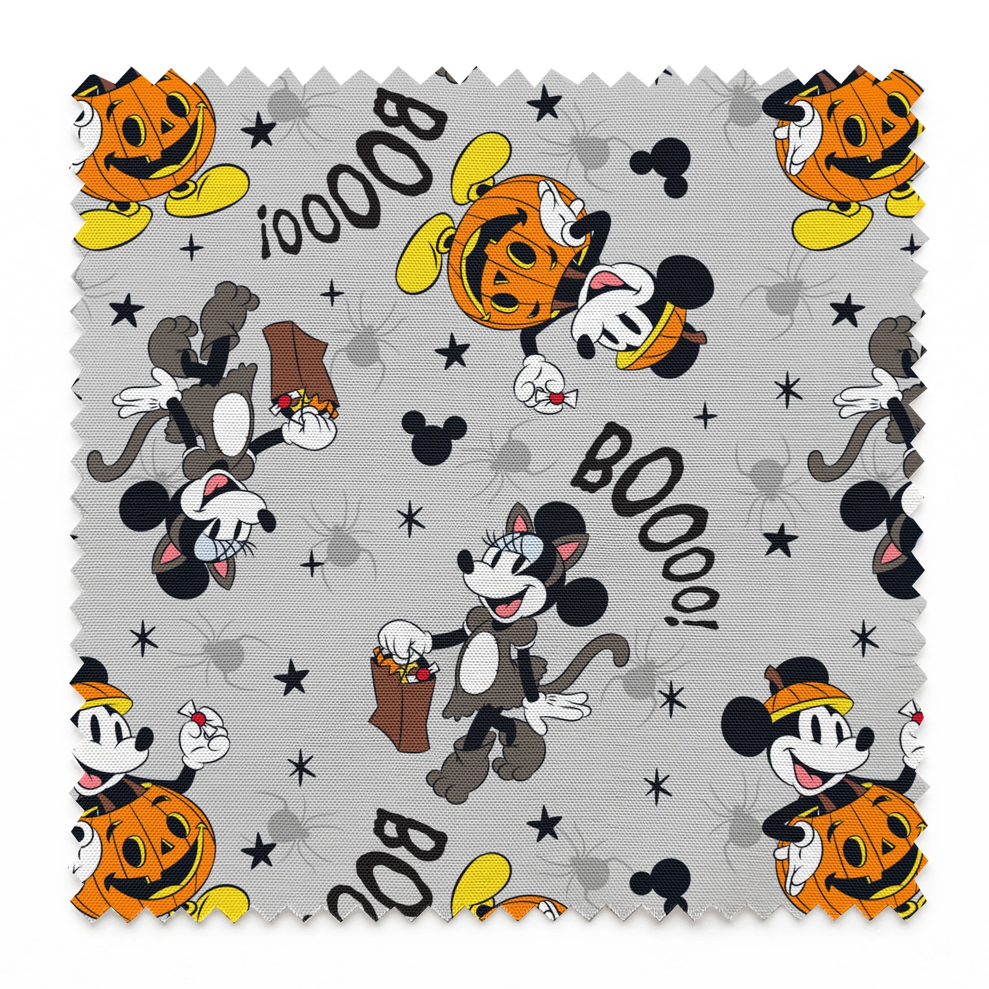 Mickey Mouse Halloween pattern with pumpkins, spiders, bats, "BOO!" text on gray background springs swatch pinked