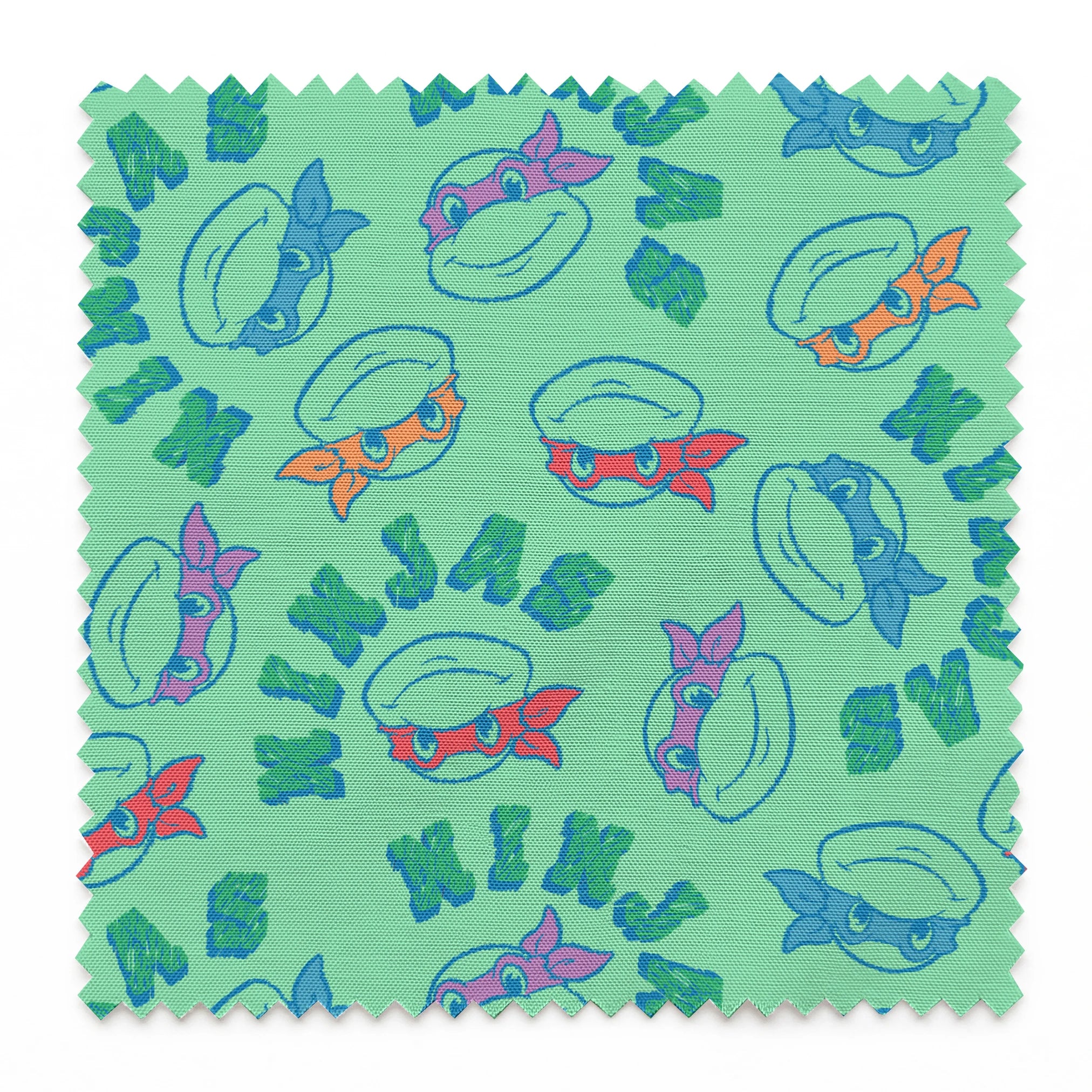 Pattern of Teenage Mutant Ninja Turtles with colored masks in blue, red, and purple on mint green background springs swatch pinked