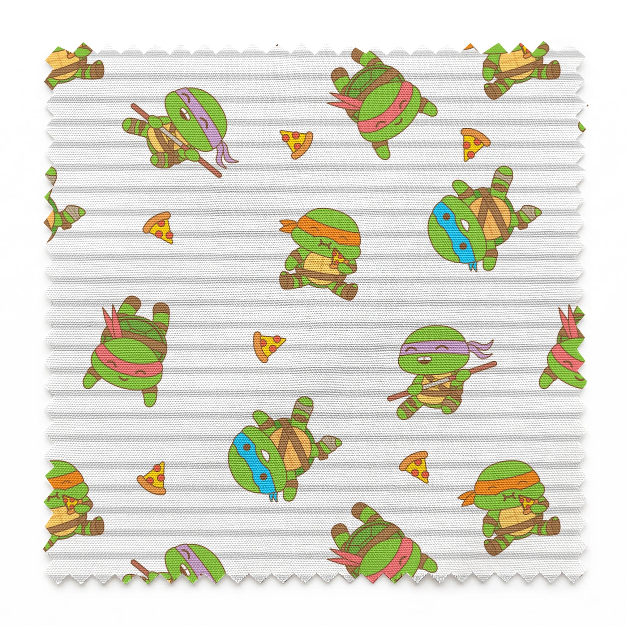 Teenage Mutant Ninja Turtles in various poses with pizza slices on gray striped background springs swatch pinked