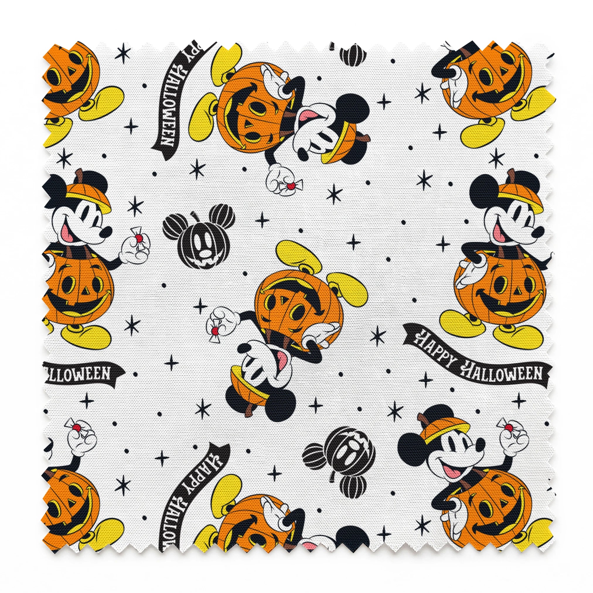 Mickey Mouse Halloween pattern dressed as pumpkins on white background with stars and "Happy Halloween" text springs swatch pinked