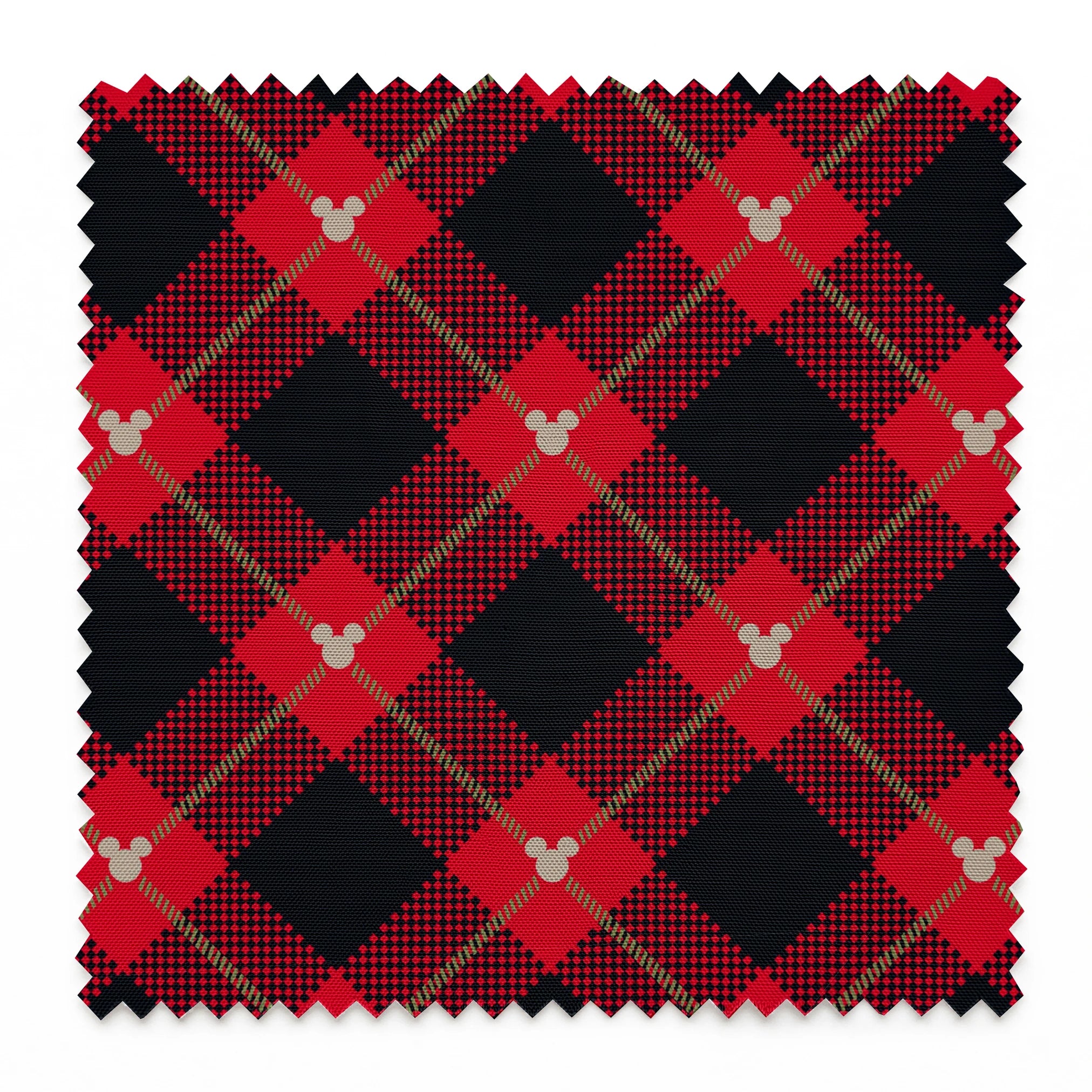 Red and black plaid pattern with diagonal gold stripes and small Mickey Mouse silhouettes springs swatch pinked
