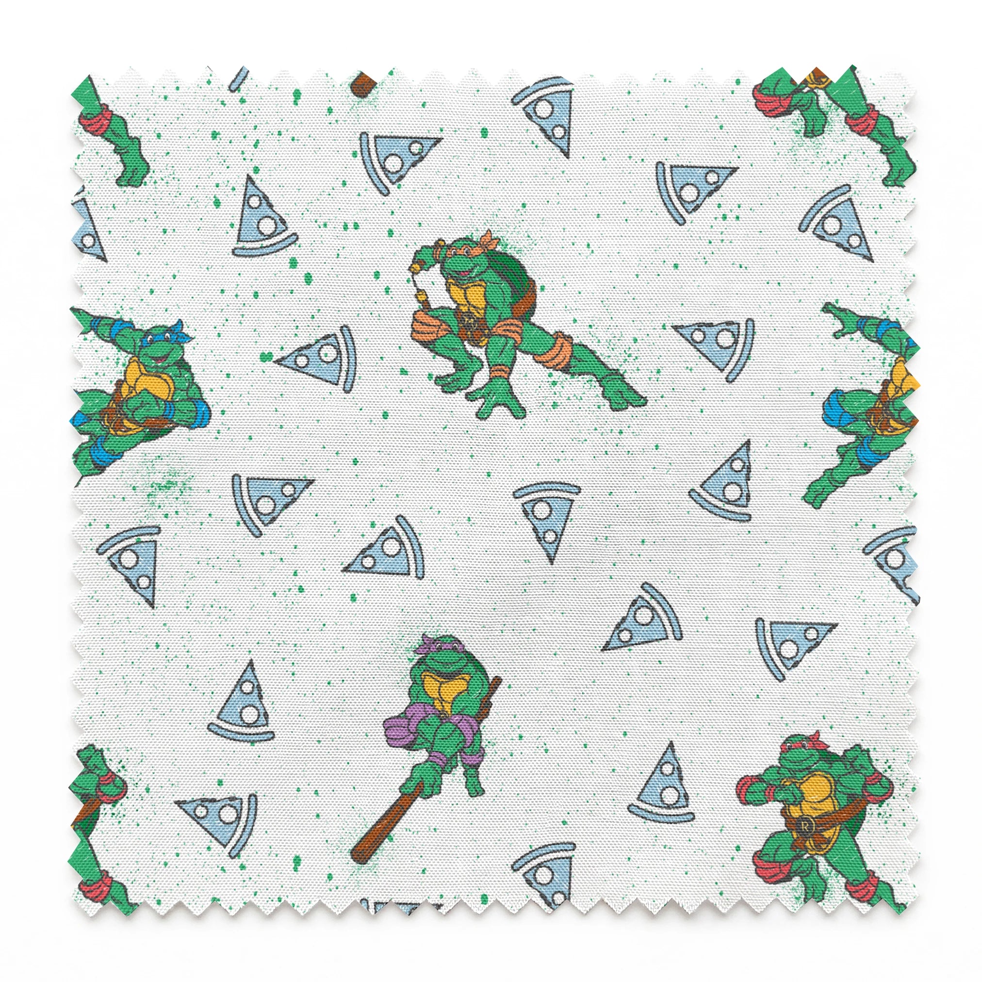 Teenage Mutant Ninja Turtles in action poses scattered among pizza slices on white speckled background springs swatch pinked