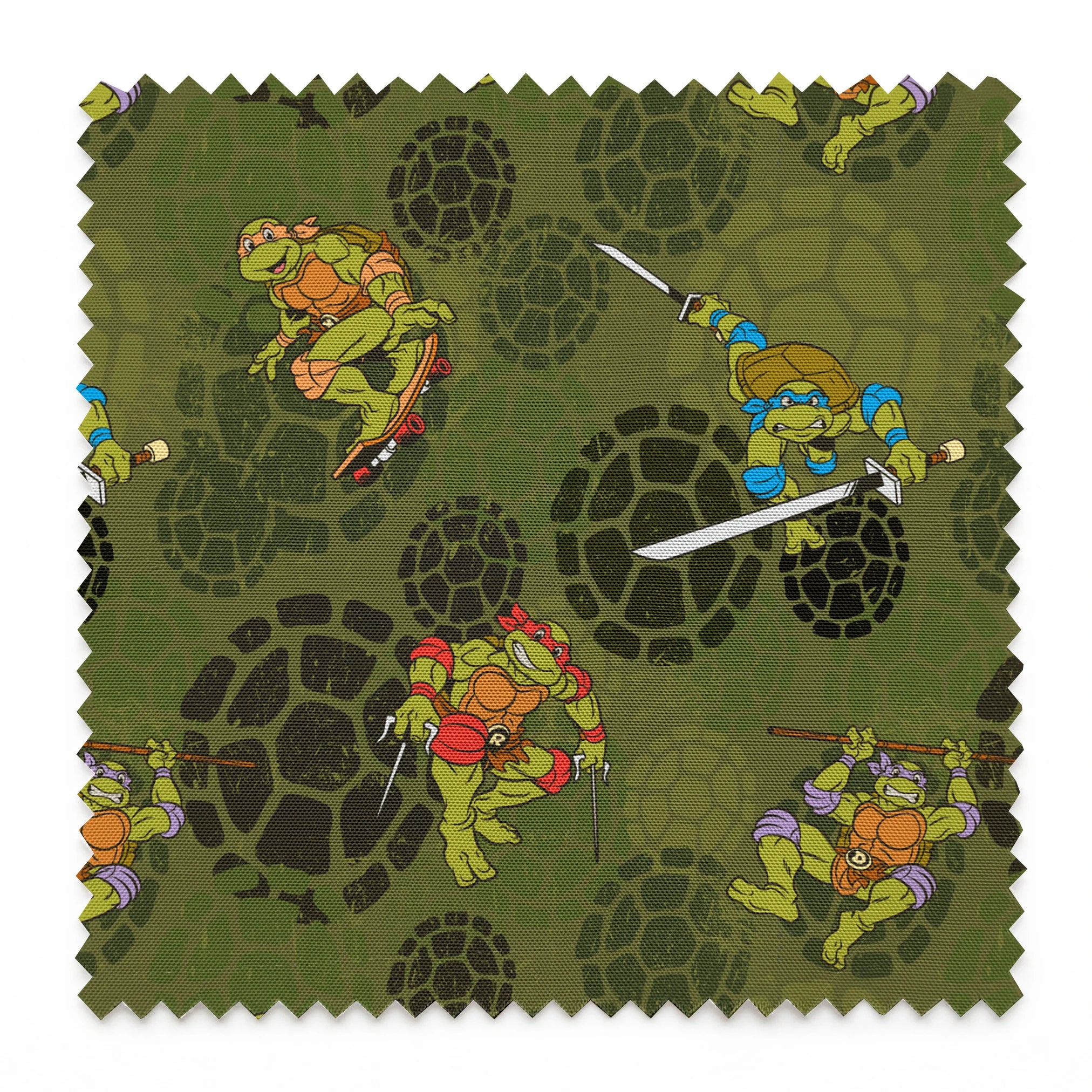 Teenage Mutant Ninja Turtles characters in action poses on green background with turtle shell patterns springs swatch pinked