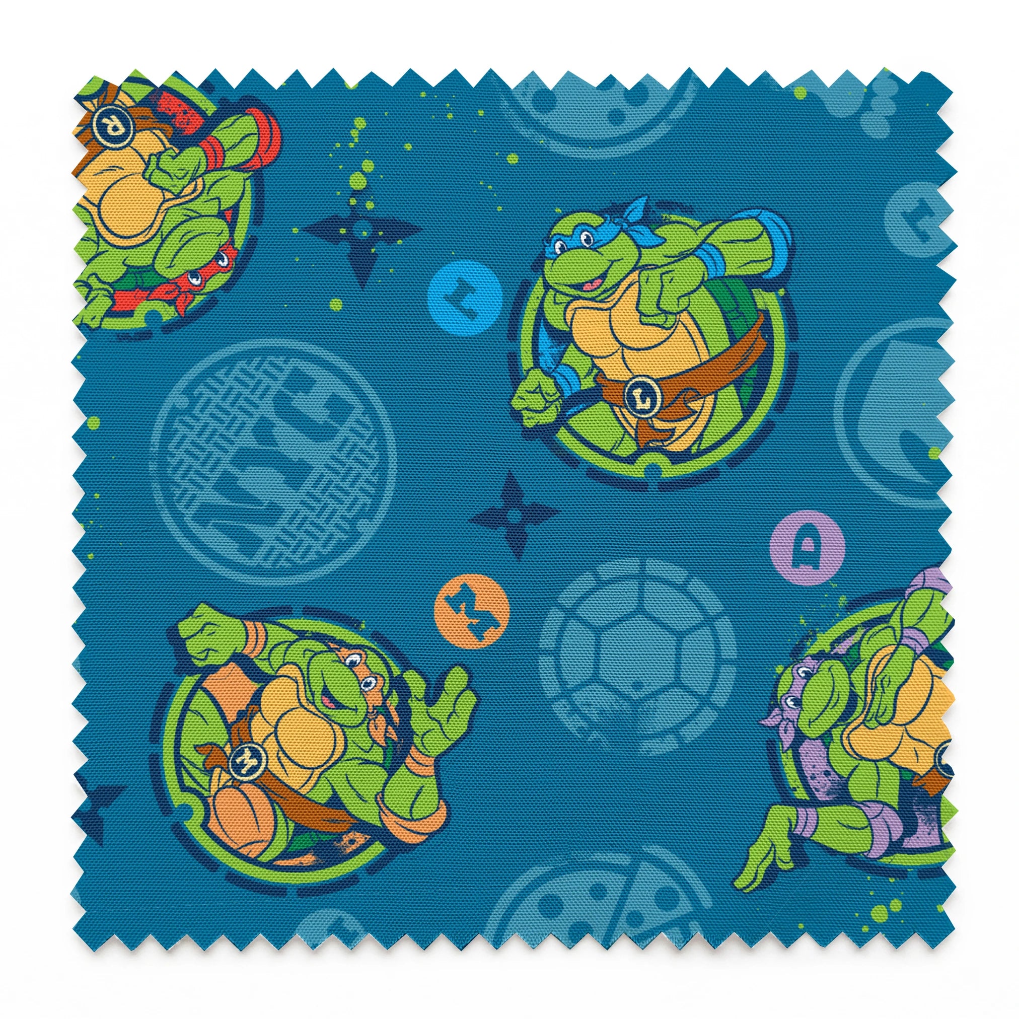 Teenage Mutant Ninja Turtles in circular medallions on teal background with subtle geometric patterns springs swatch pinked