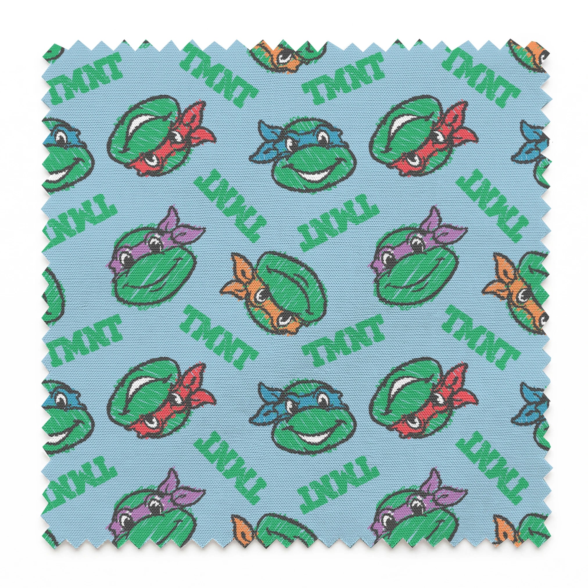 Cartoon pattern of Teenage Mutant Ninja Turtles faces with colored masks on light blue background springs swatch pinked