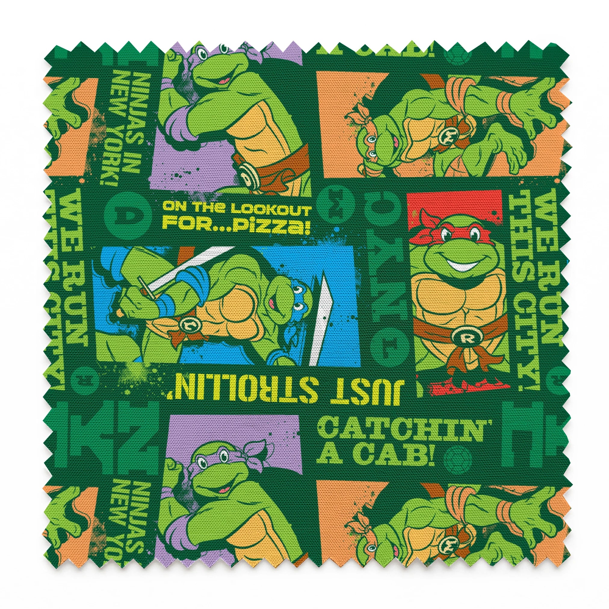 Teenage Mutant Ninja Turtles comic-style panels with phrases like "Catchin' a cab!" and "On the lookout for pizza!" on green background springs swatch pinked