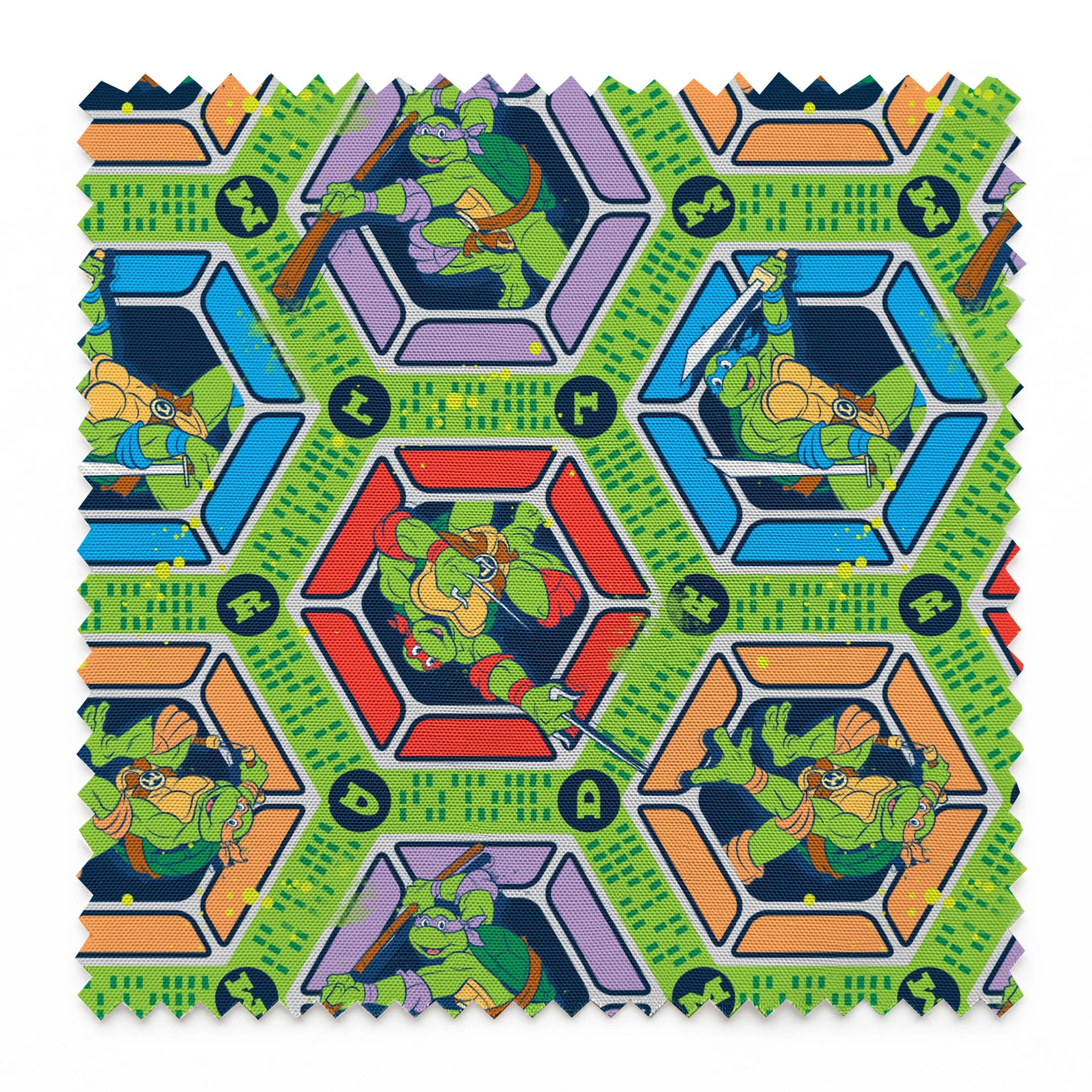 Colorful hexagonal pattern featuring the Teenage Mutant Ninja Turtles in action poses on green backgrounds with digital text elements springs swatch pinked