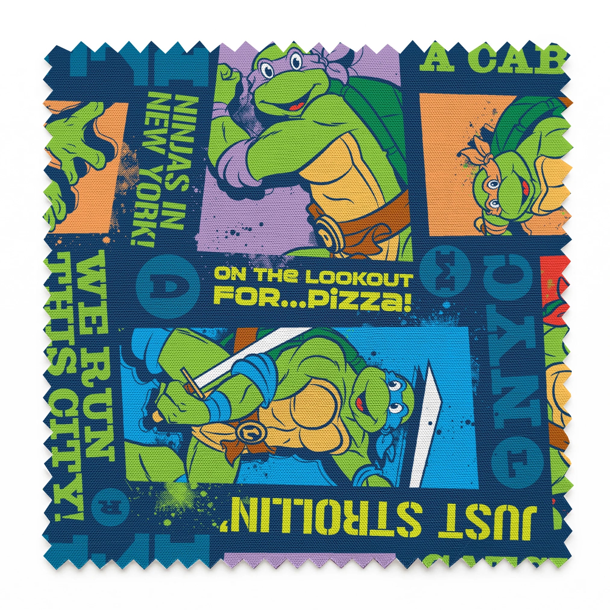 Teenage Mutant Ninja Turtles comic-style panels with characters in action poses and phrases like "Catchin' a Cab!" and "On the Lookout for Pizza! springs swatch pinked