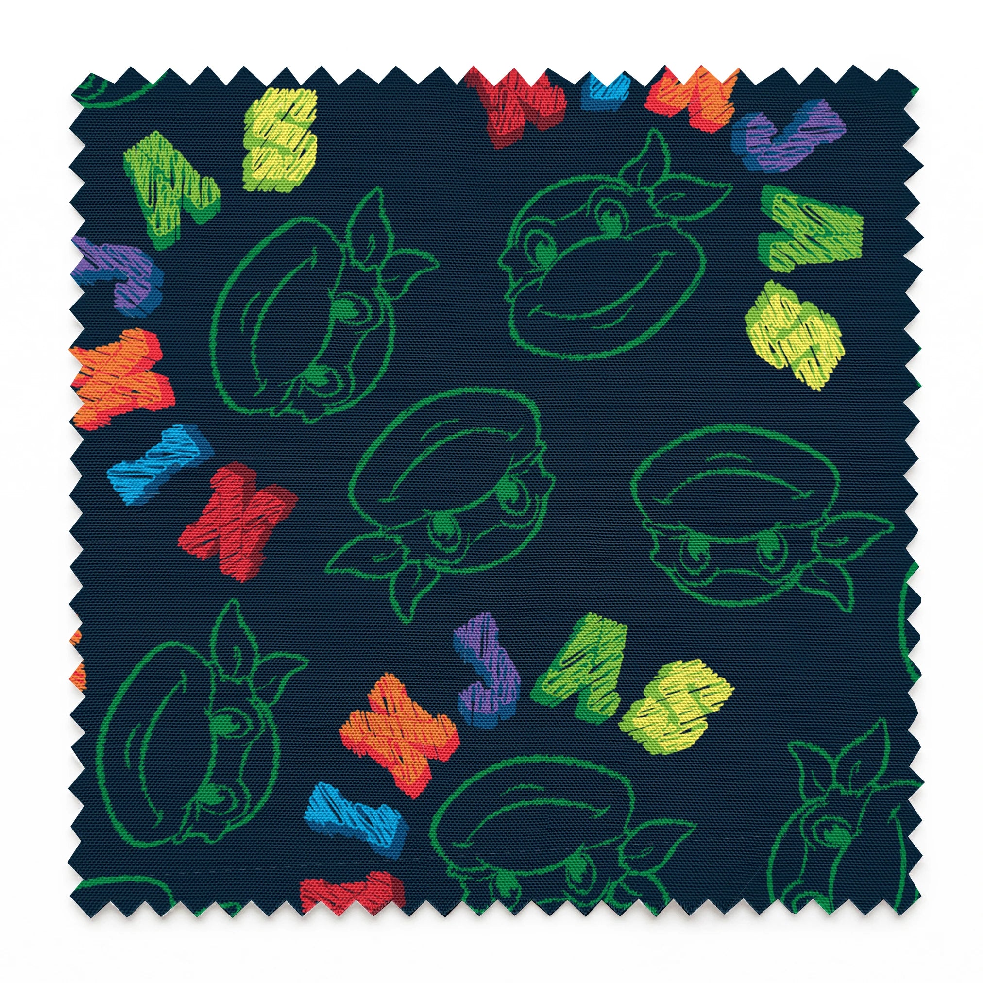 Colorful Ninja Turtles pattern with green outlines on dark blue background springs swatch pinked