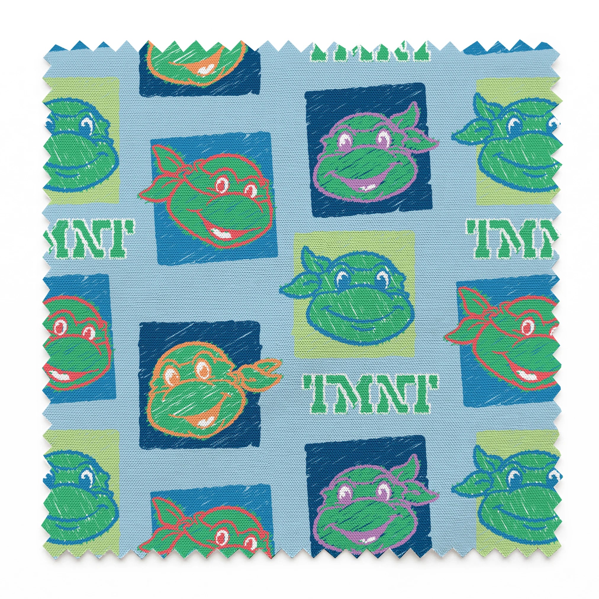 Teenage Mutant Ninja Turtles pattern with cartoon turtle faces in squares on light blue background springs swatch pinked