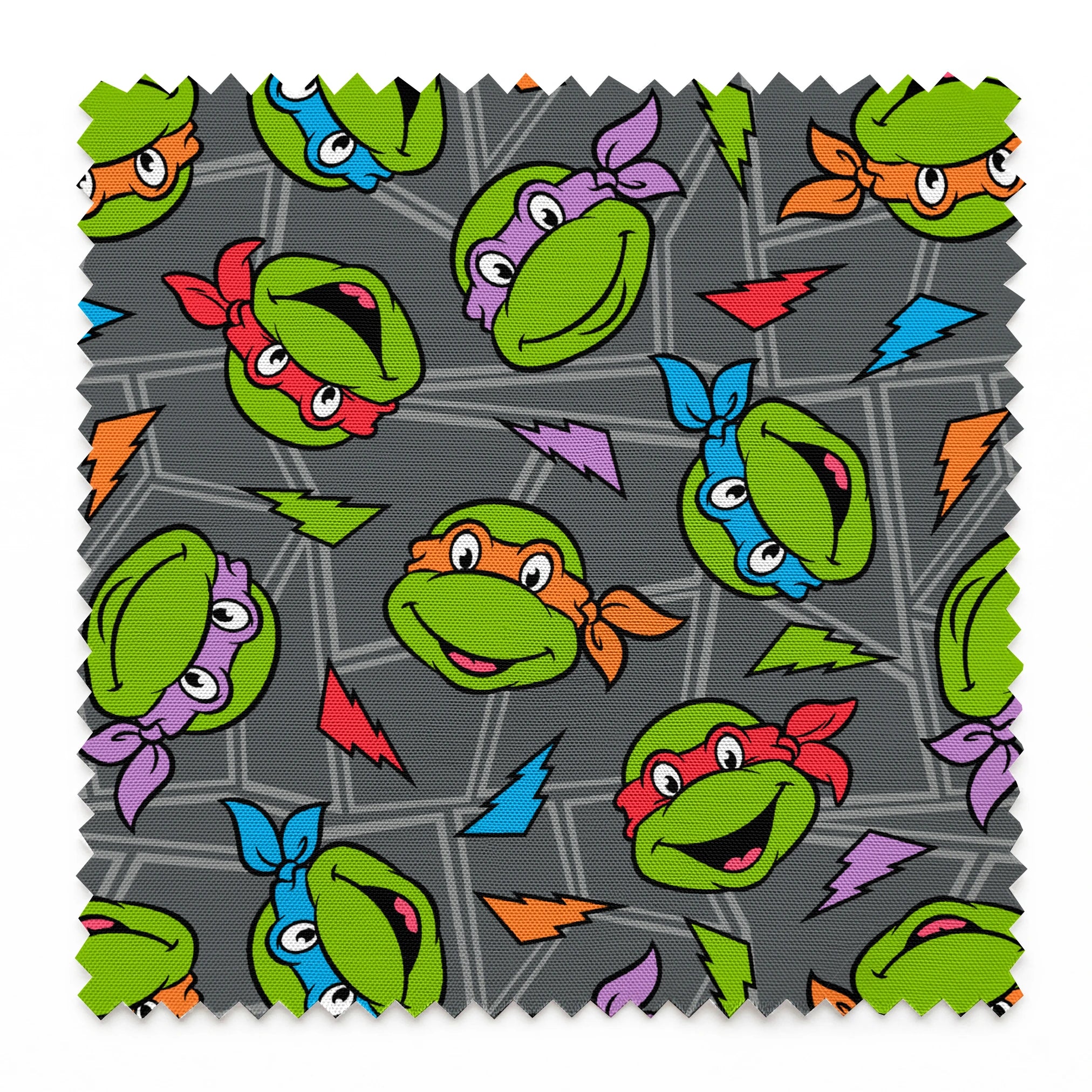 Colorful pattern of Teenage Mutant Ninja Turtles faces with red, orange, blue, and purple masks on grey background. springs swatch pinked