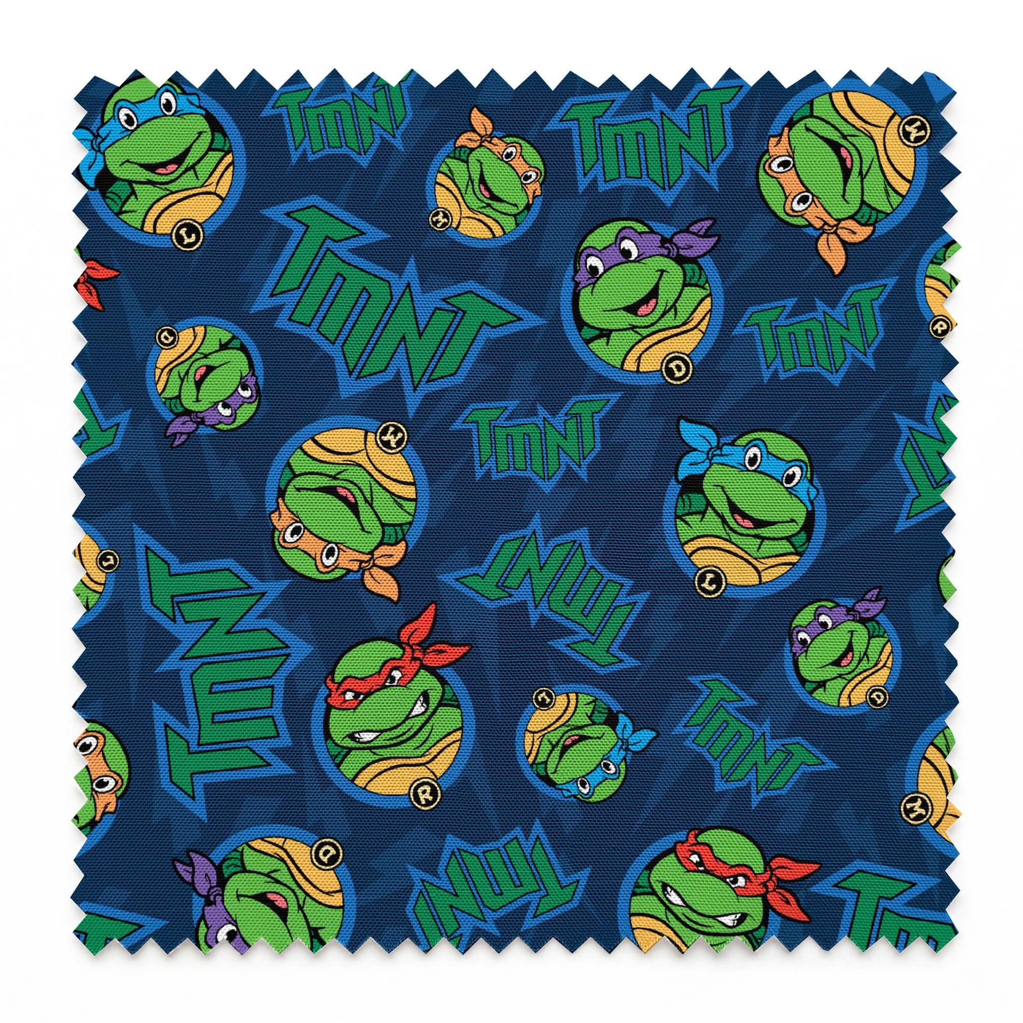 Teenage Mutant Ninja Turtles pattern with character heads and TMNT logos on blue background springs swatch pinked