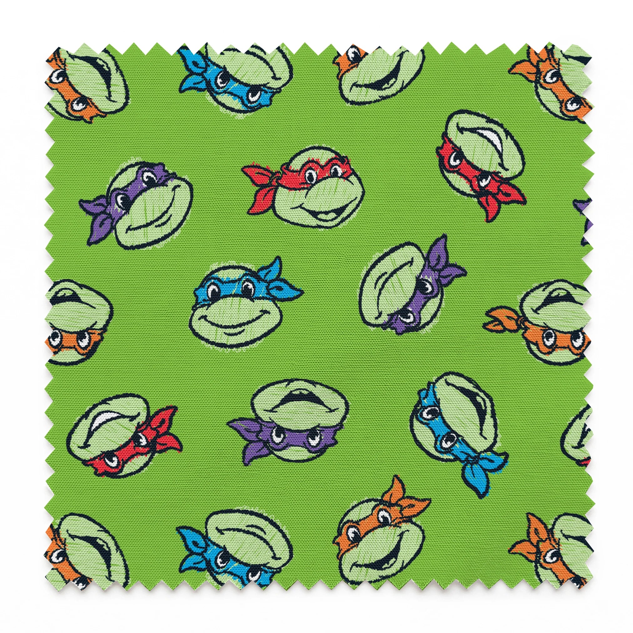 Teenage Mutant Ninja Turtles scattered on bright green background springs swatch pinked