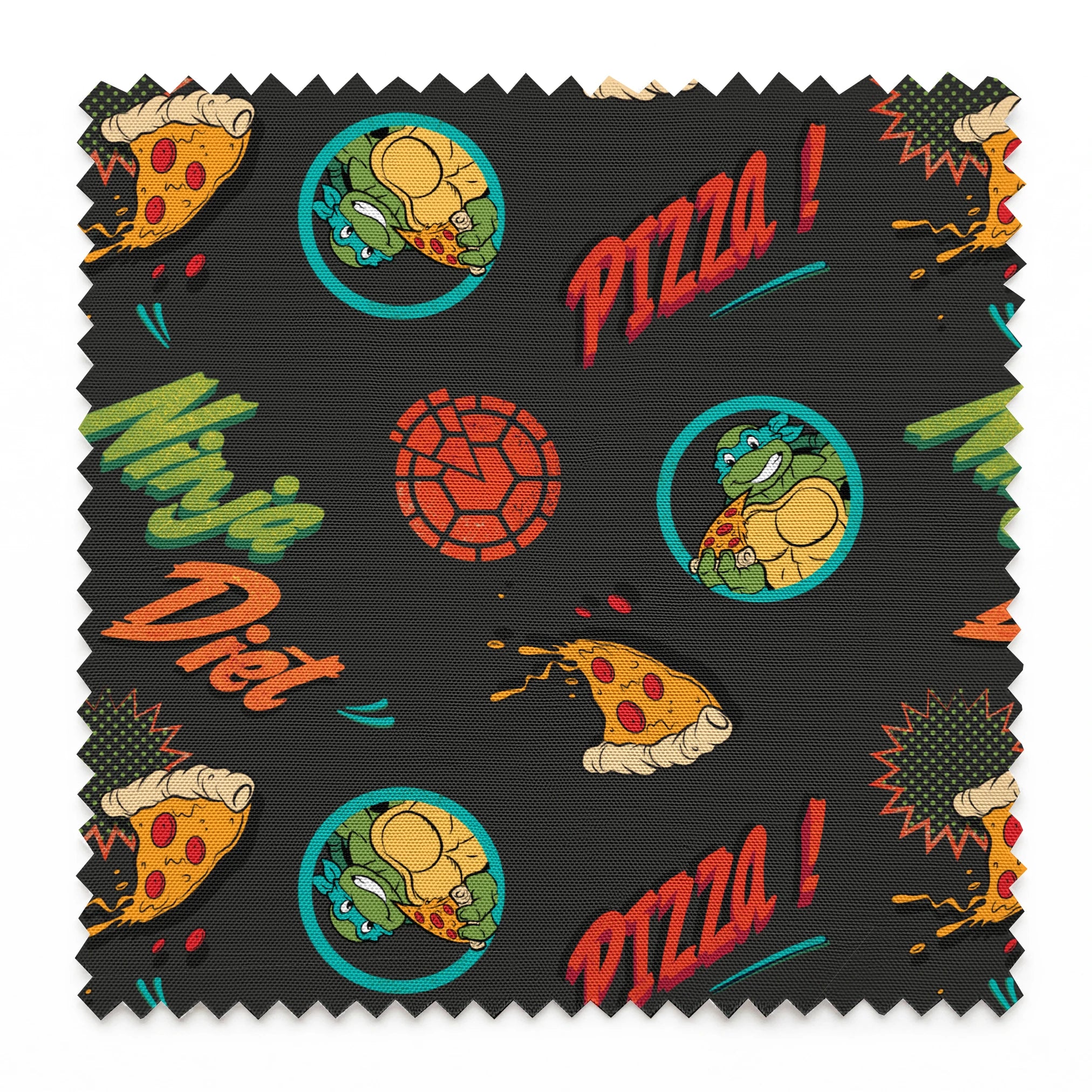 Colorful cartoon pizza pattern with "Pizza!" text, Teenage Mutant Ninja Turtles in circles, and decorative elements on dark background. springs swatch pinked