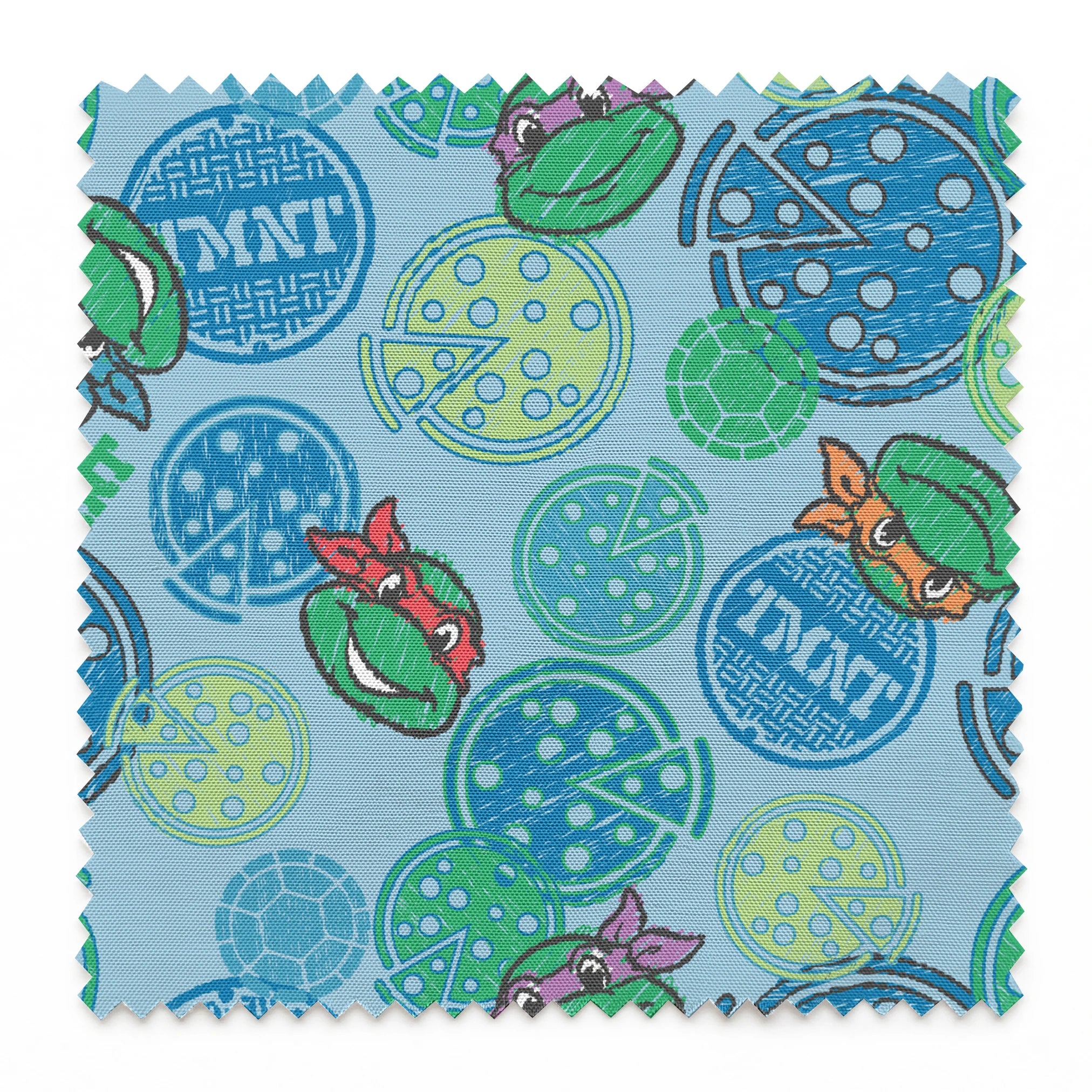 Cartoon Ninja Turtles pattern with colorful circular designs on light blue background springs swatch pinked