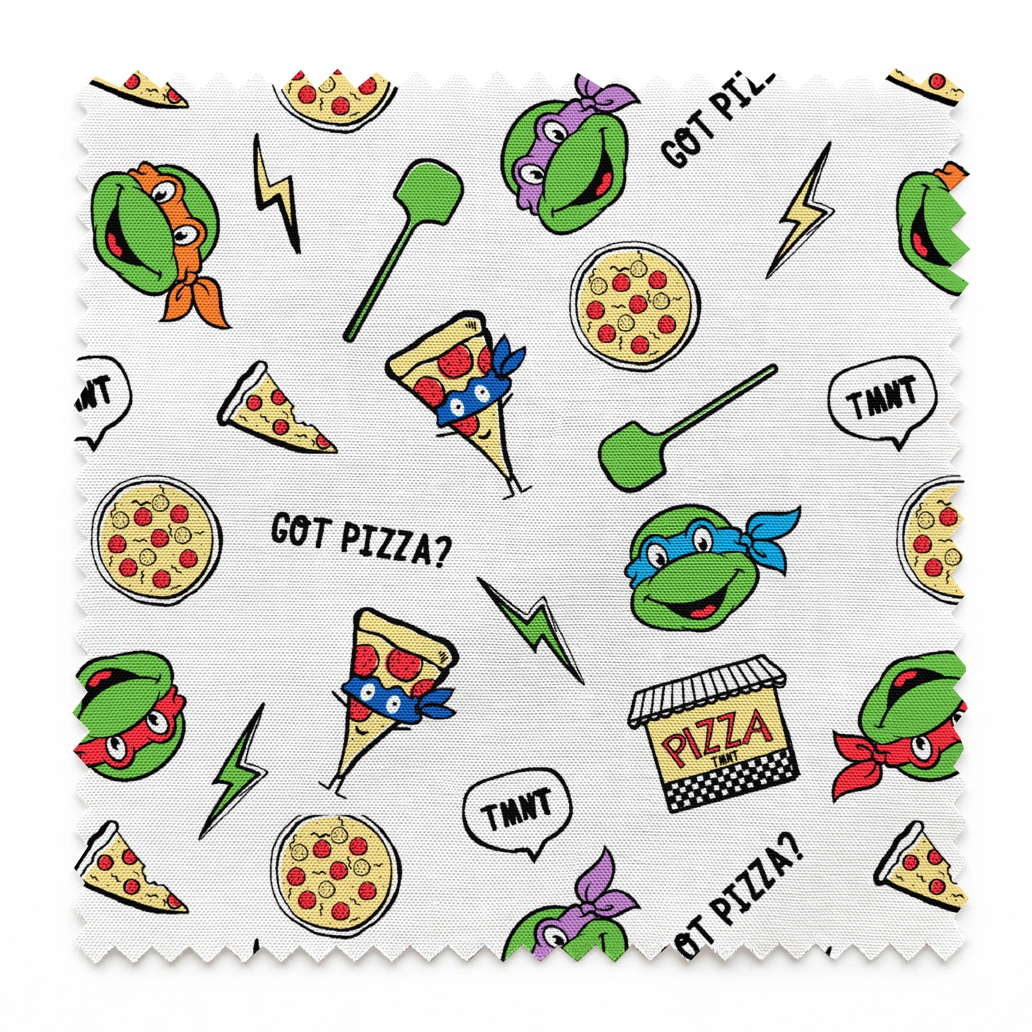 Cartoon pattern with Teenage Mutant Ninja Turtles, pizza slices, whole pizzas, lightning bolts and "GOT PIZZA?" text springs swatch pinked
