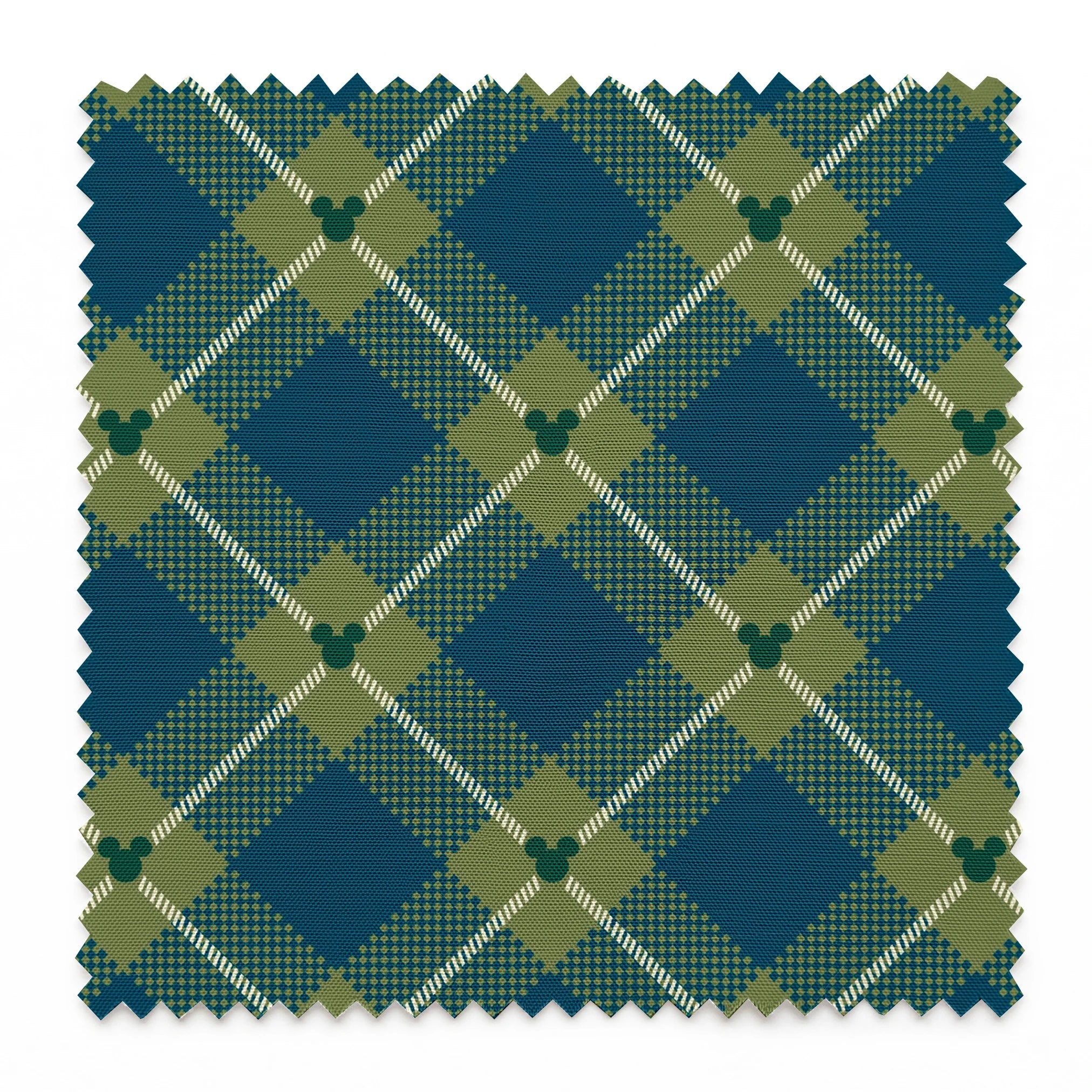 Geometric plaid pattern with teal and olive green diamonds, white diagonal stripes and checkered textures springs swatch pinked