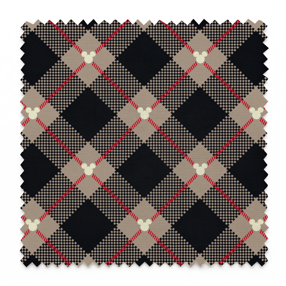 Diagonal plaid pattern with navy, beige, red stripes, checkered sections and small white circular details springs swatch pinked